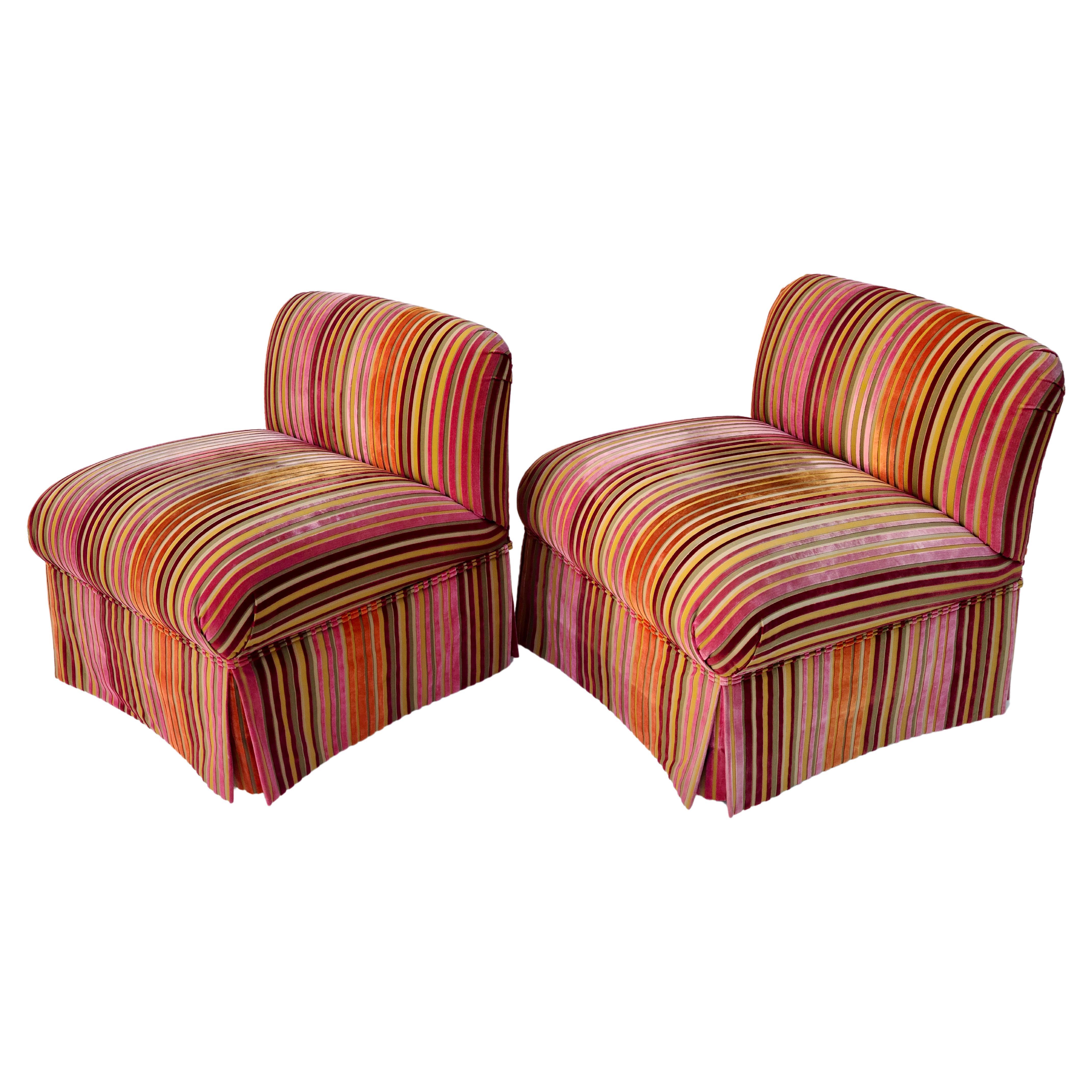 Pair Slipper Chairs Dimensional Striped Velvet Style of Jack Lenor Larsen For Sale 1