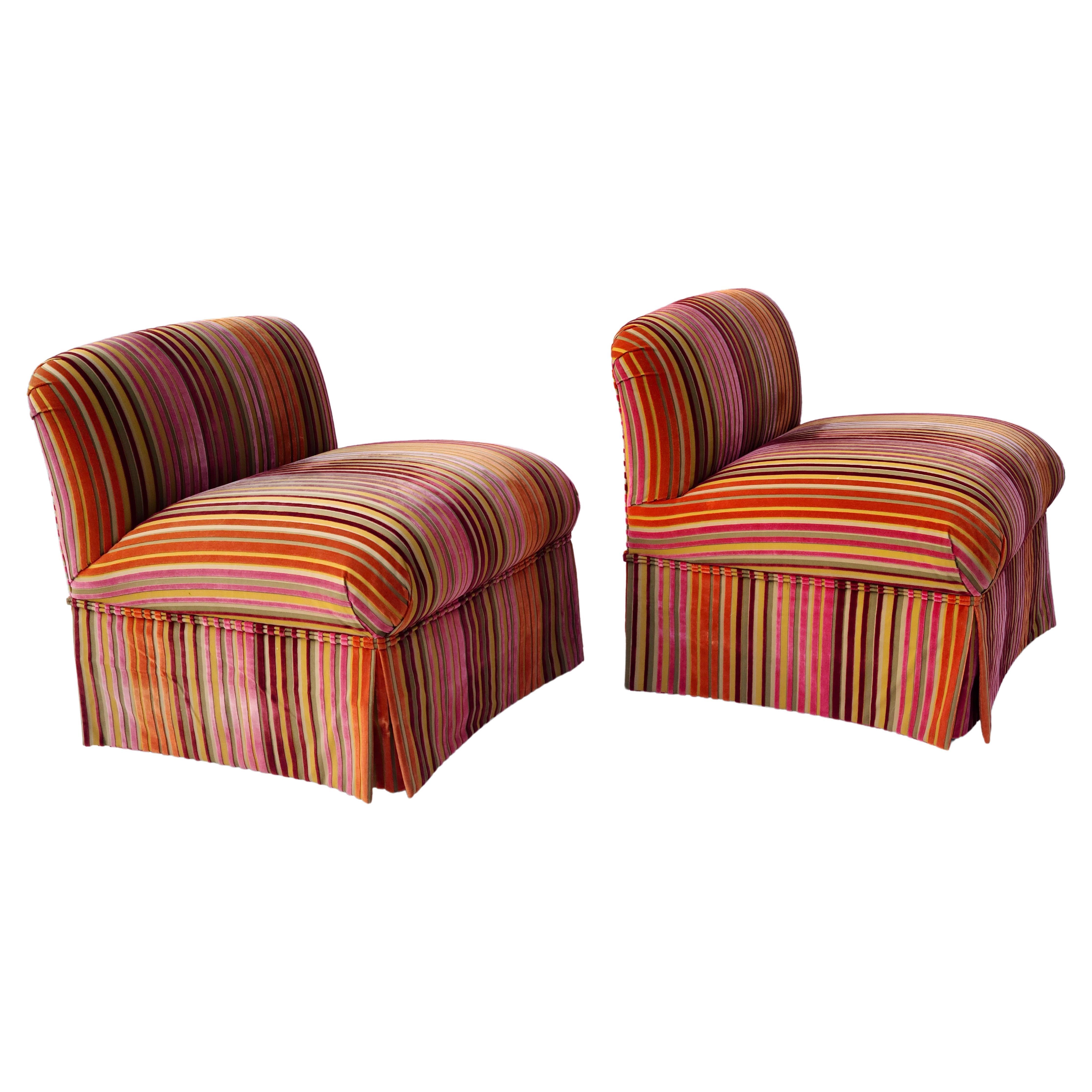 Pair Slipper Chairs Dimensional Striped Velvet Style of Jack Lenor Larsen For Sale