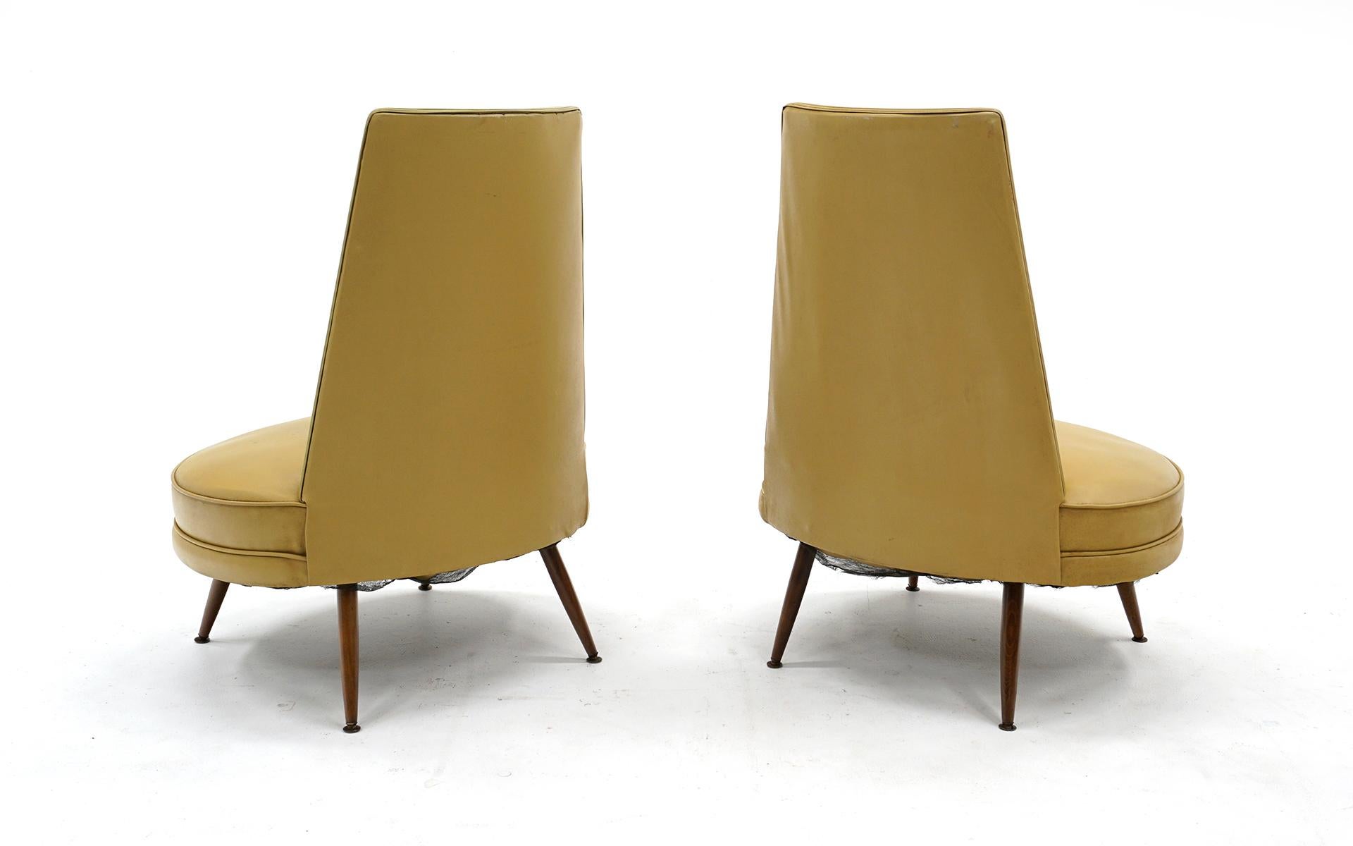Mid-Century Modern Pair of Slipper Chairs, High Back with Wide Round Seat, Armless