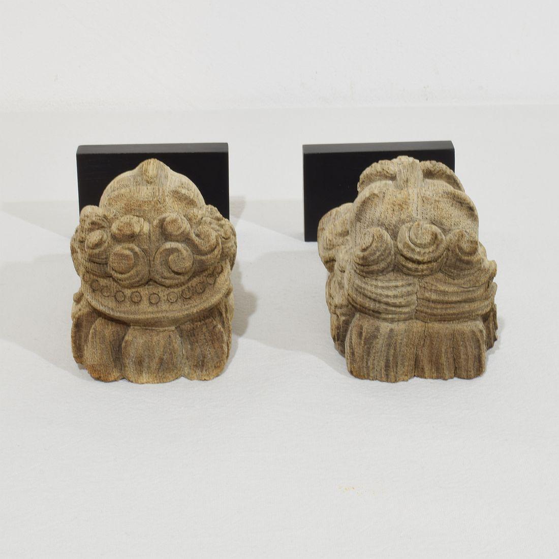 Pair Small 17/ Century French Weathered Carved Oak Head Ornaments 14