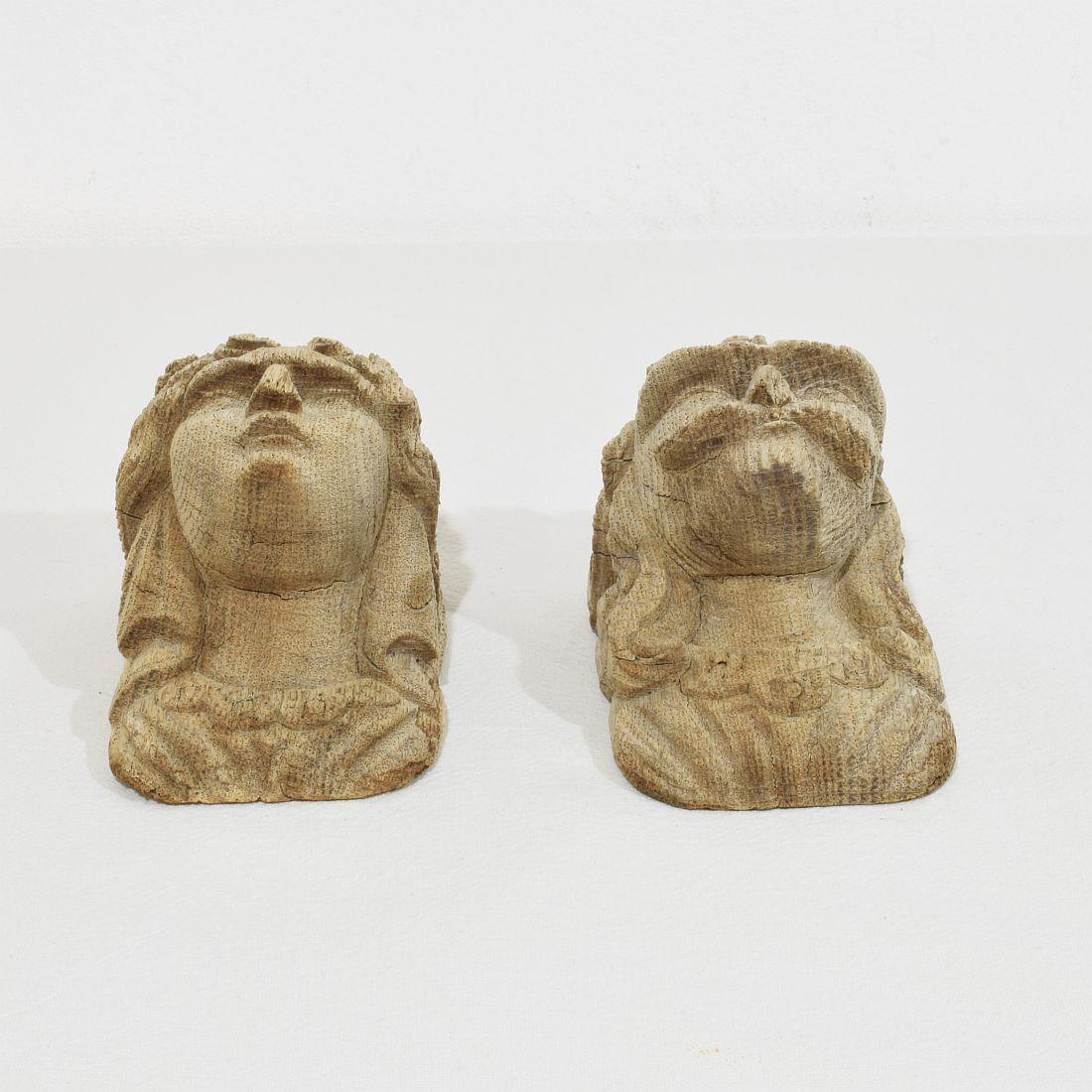Pair Small 17/ Century French Weathered Carved Oak Head Ornaments 15