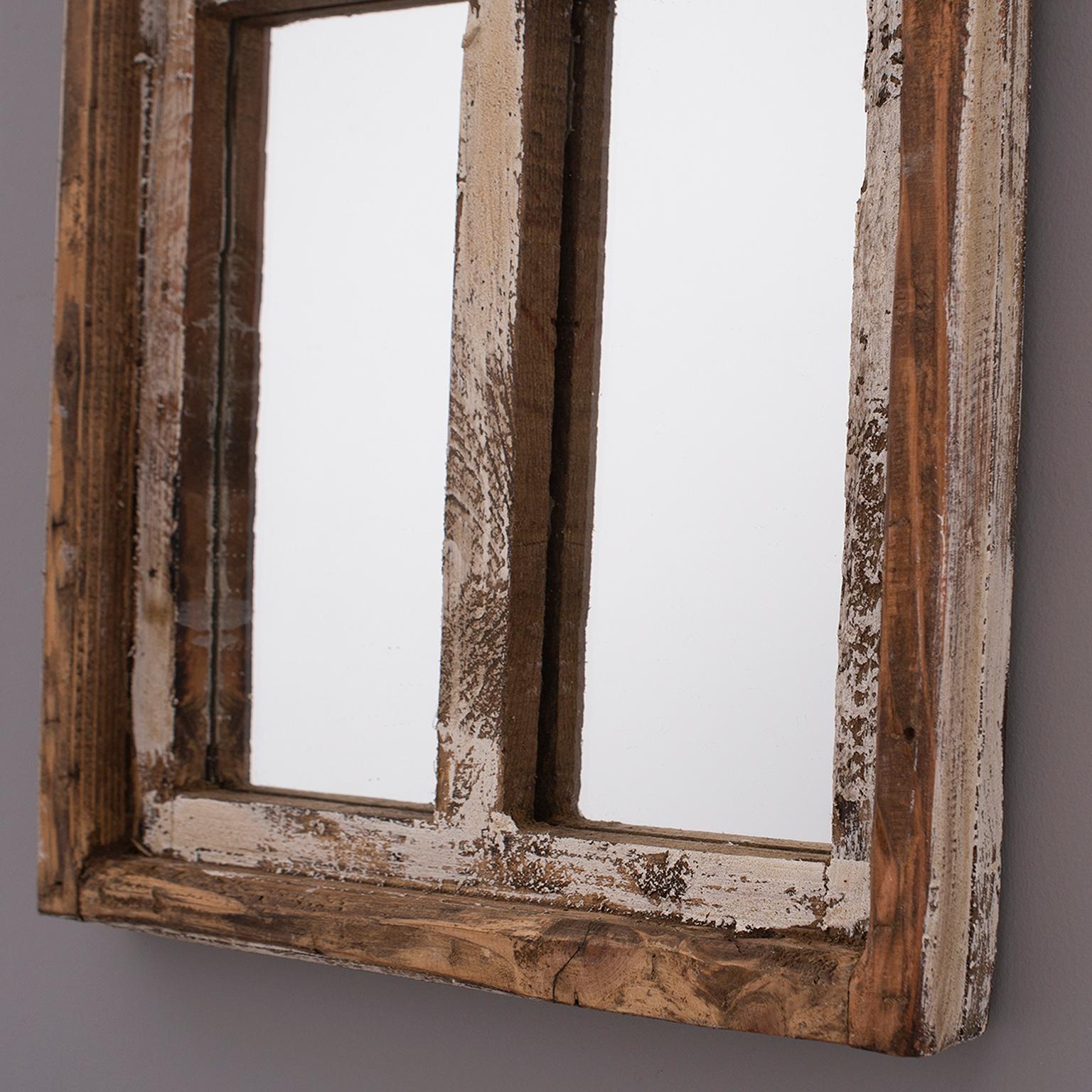 Rustic Pair Small Arched Wood Window Frames with Mirrors