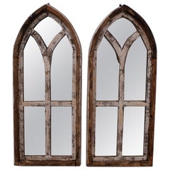 Pair Small Arched Wood Window Frames with Mirrors