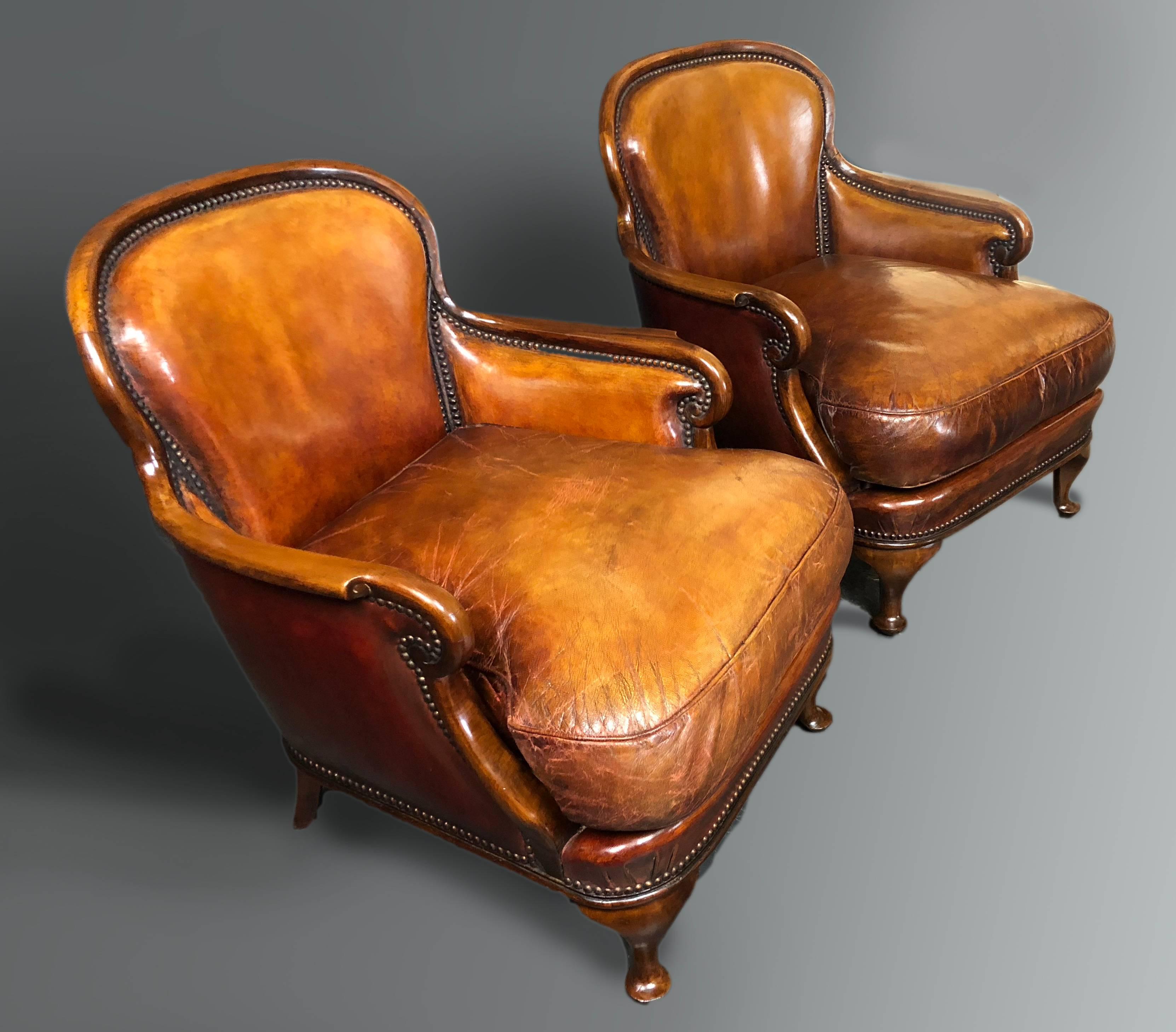 Queen Anne Pair of Small Antique Walnut Armchairs with Whisky Brown Leather 