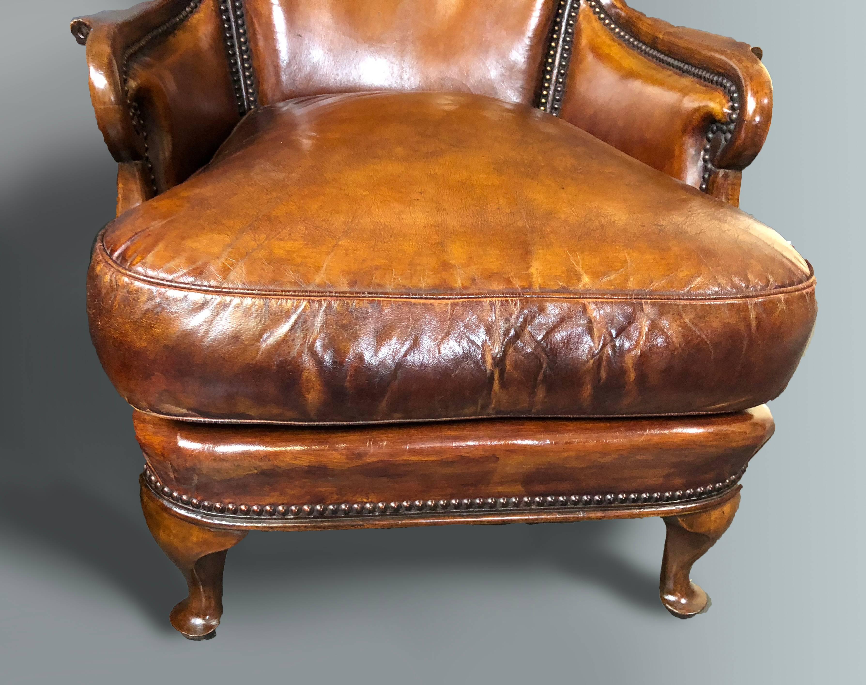 19th Century Pair of Small Antique Walnut Armchairs with Whisky Brown Leather 