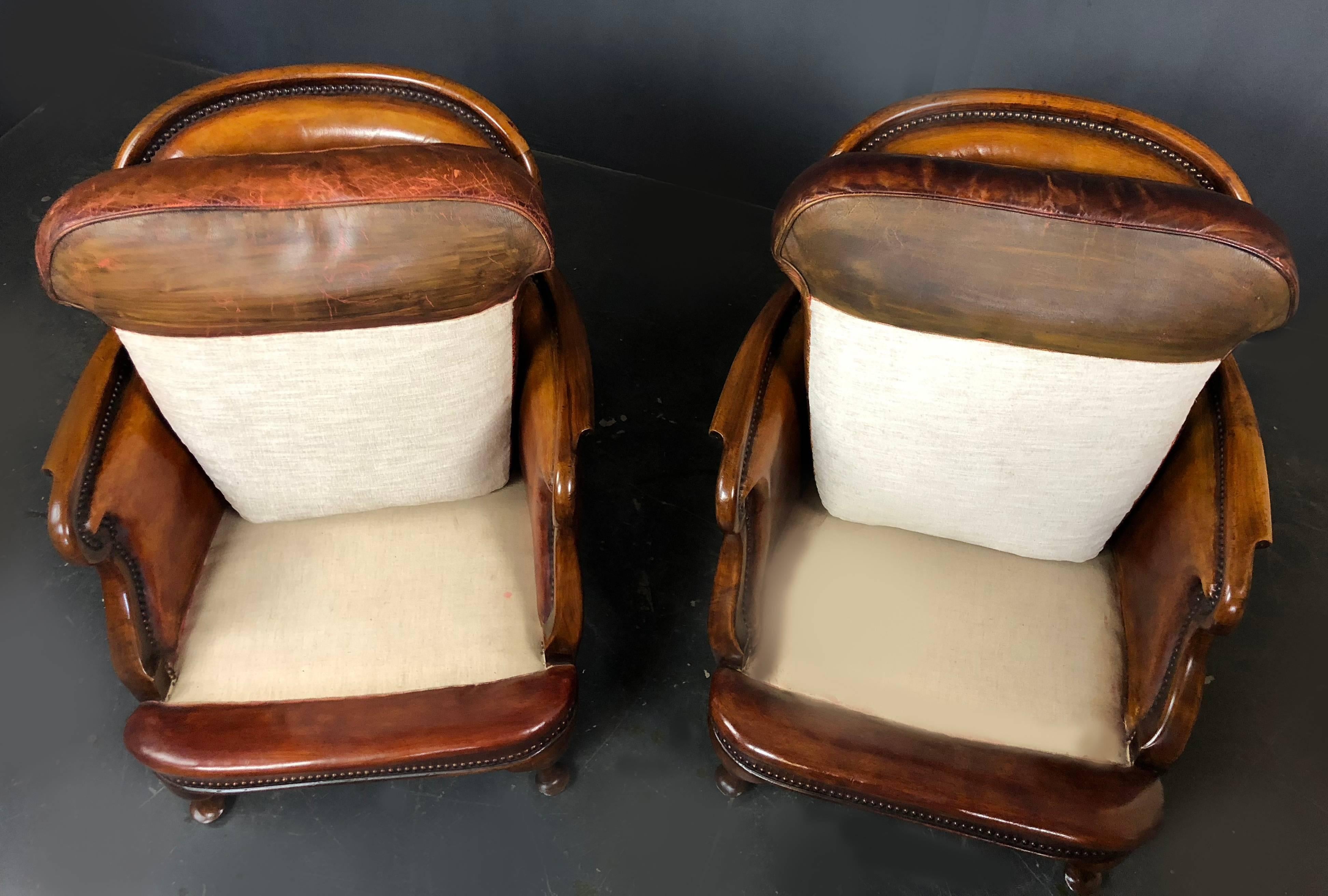 Pair of Small Antique Walnut Armchairs with Whisky Brown Leather  1