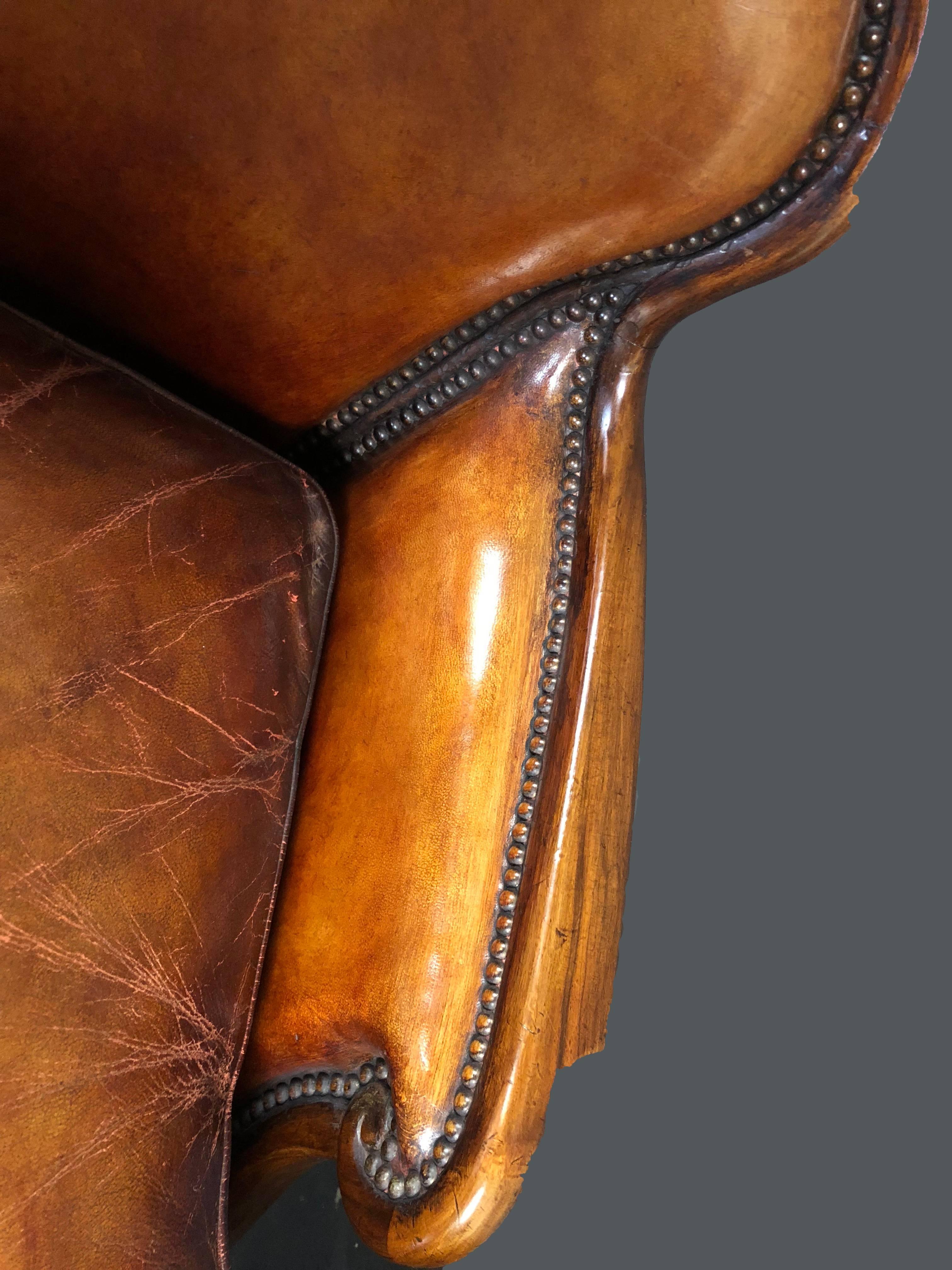Pair of Small Antique Walnut Armchairs with Whisky Brown Leather  2