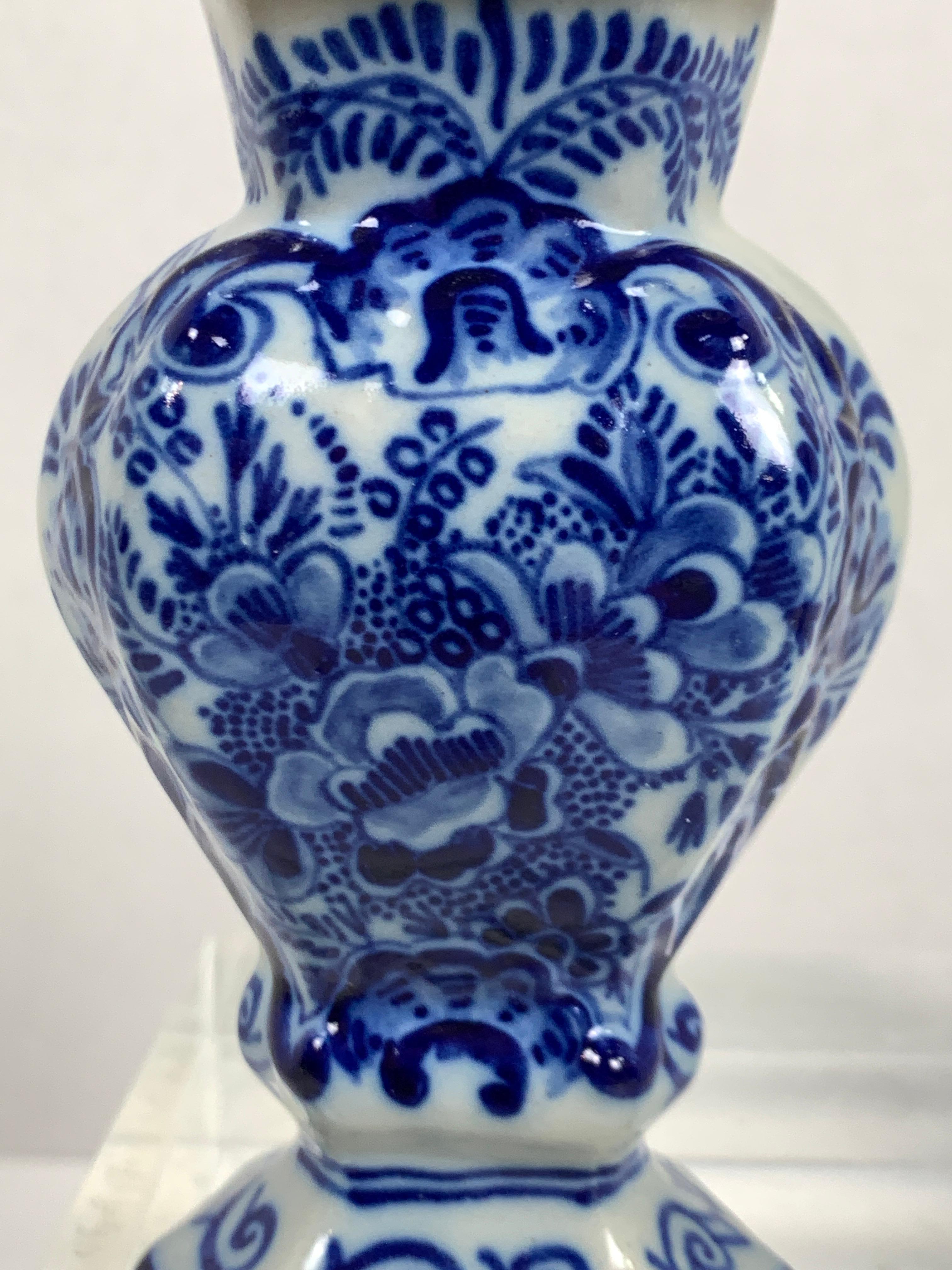 Rococo Pair Small Blue and White Delft Vases Made Netherlands, Circa 1790