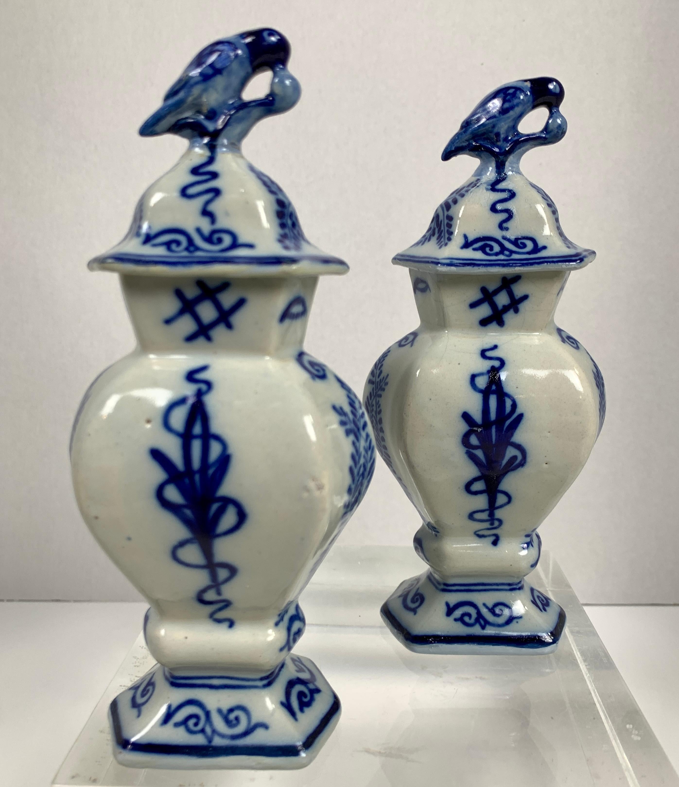 Hand-Painted Pair Small Blue and White Delft Vases Made Netherlands, Circa 1790