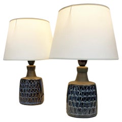 Pair small blue & brown Scandinavian Søholm Stentøj ceramic table lamps, Denmark