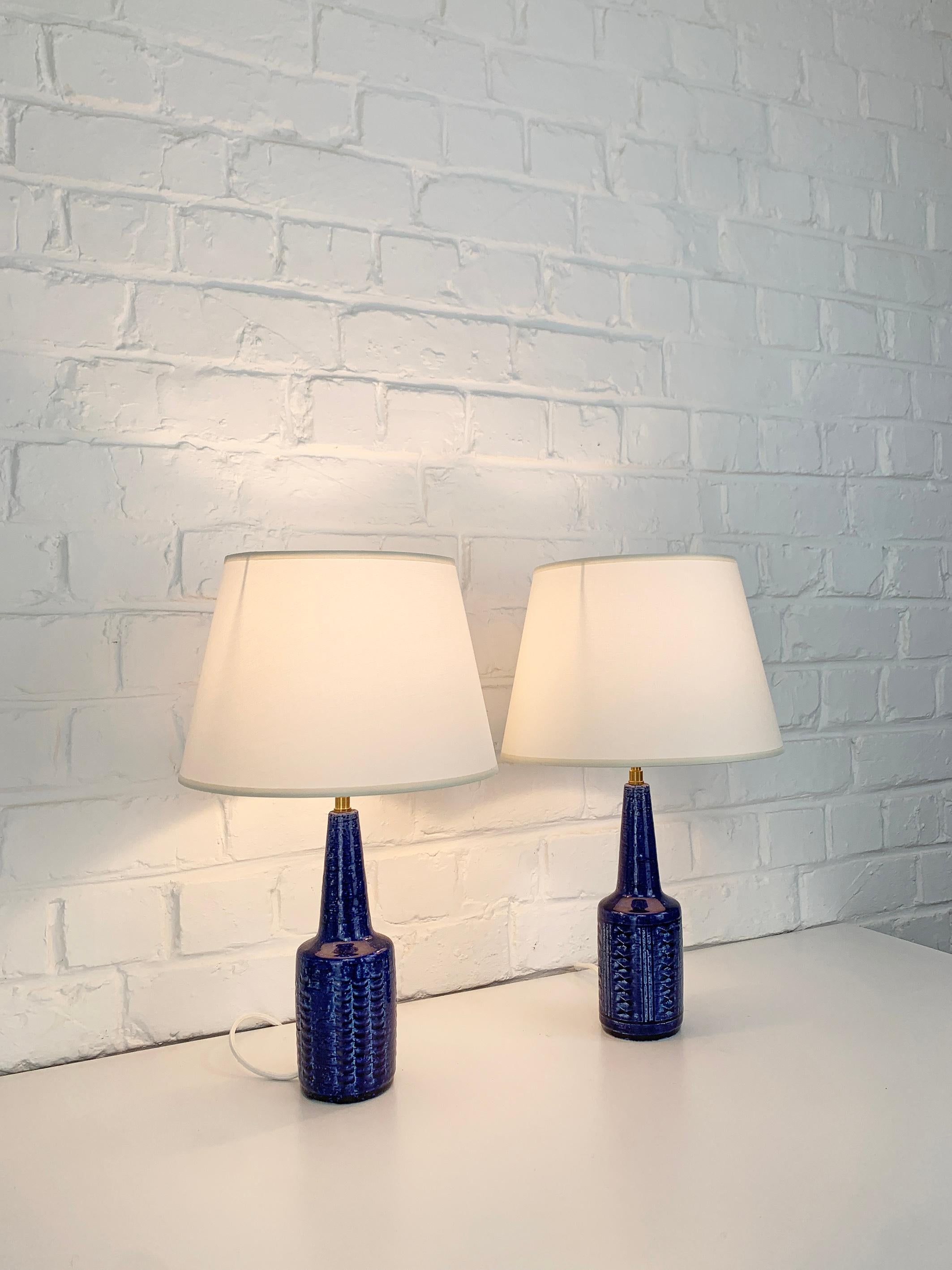 Scandinavian Modern Pair small blue ceramic table lamps Palshus Denmark stoneware Linnemann-Schmidt For Sale