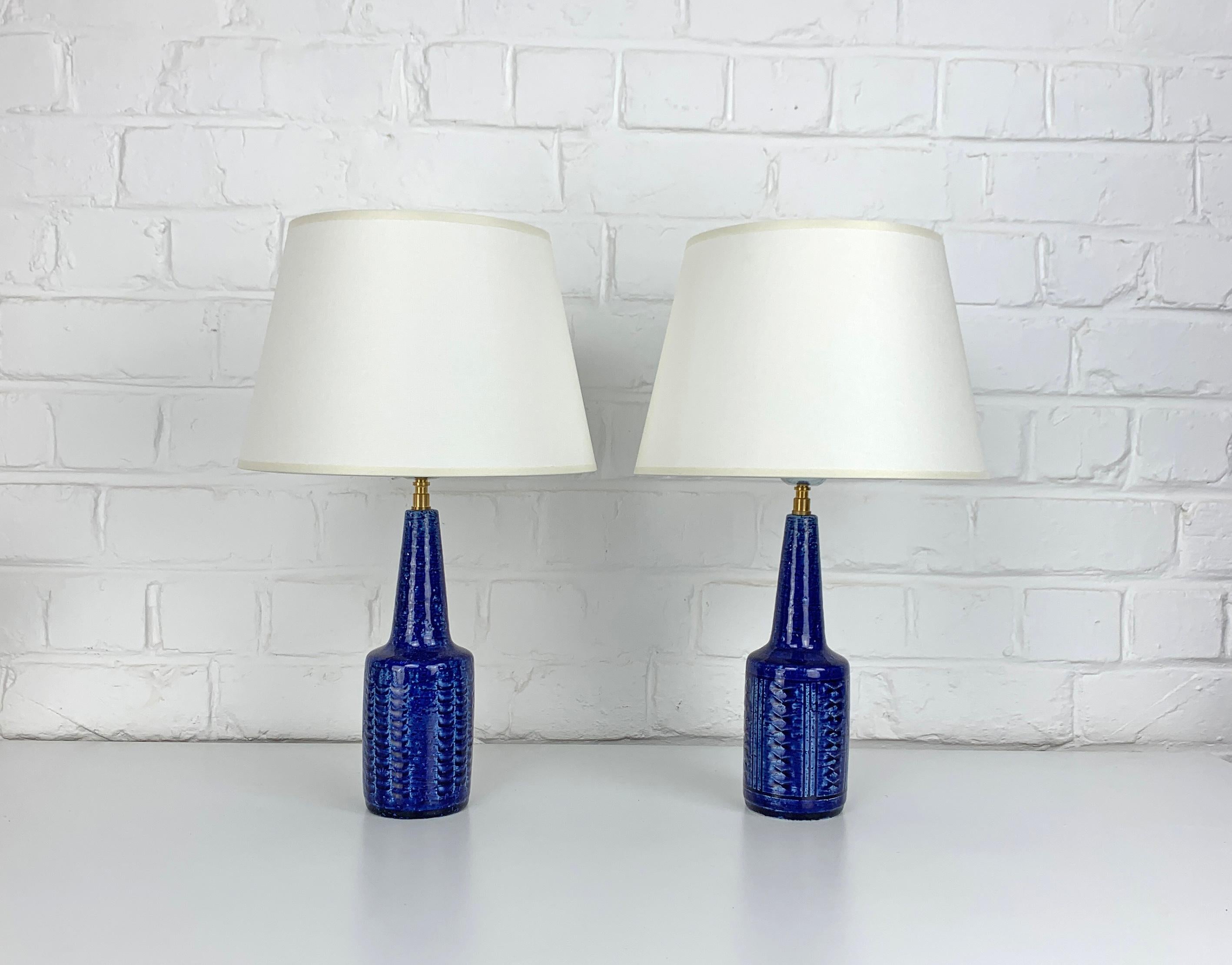 20th Century Pair small blue ceramic table lamps Palshus Denmark stoneware Linnemann-Schmidt For Sale