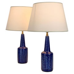 Pair small blue ceramic table lamps Palshus Denmark stoneware Linnemann-Schmidt