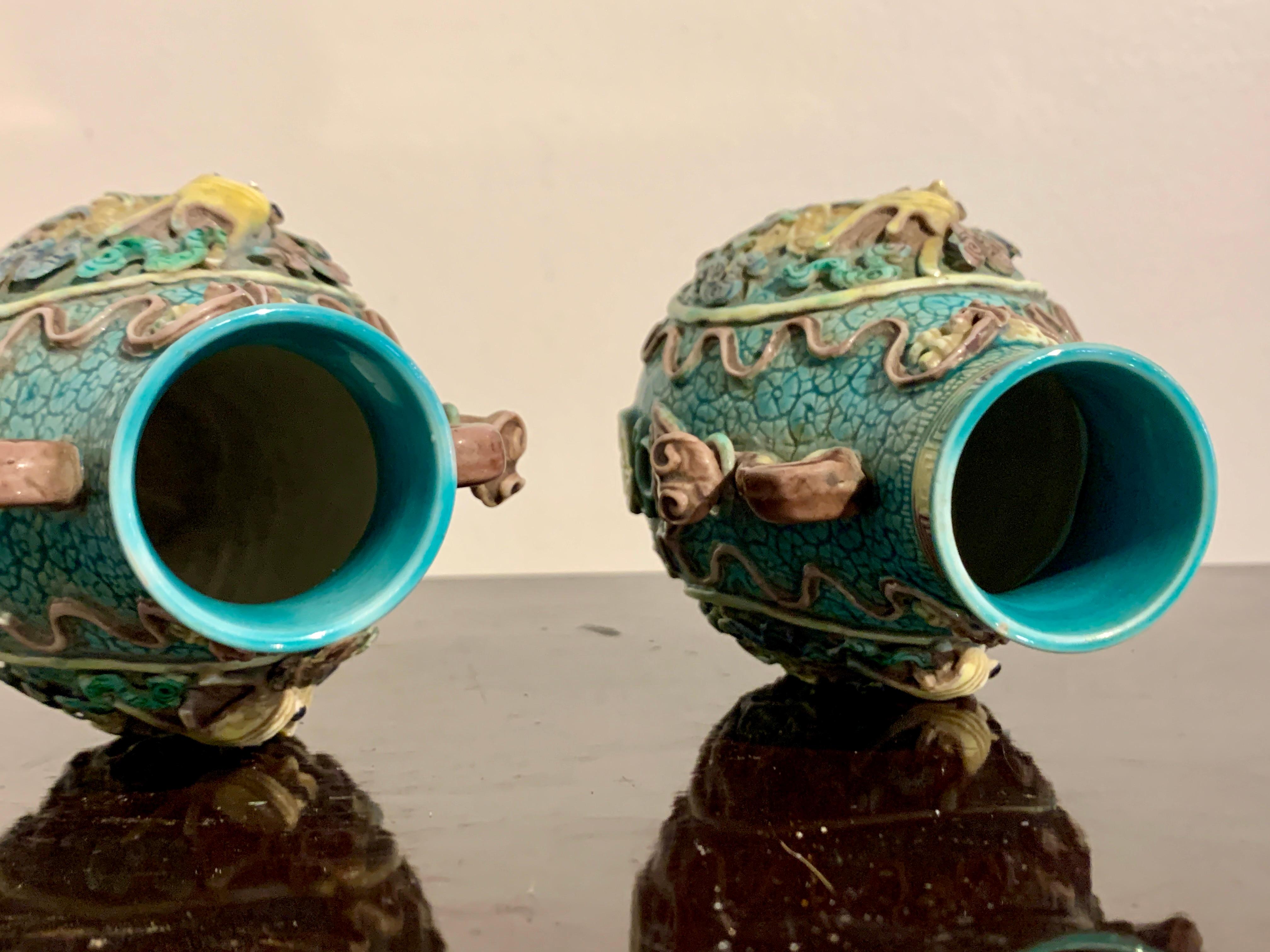 Pair Small Chinese Dragon Vases, Molded and Glazed Porcelain, Republic Period For Sale 9