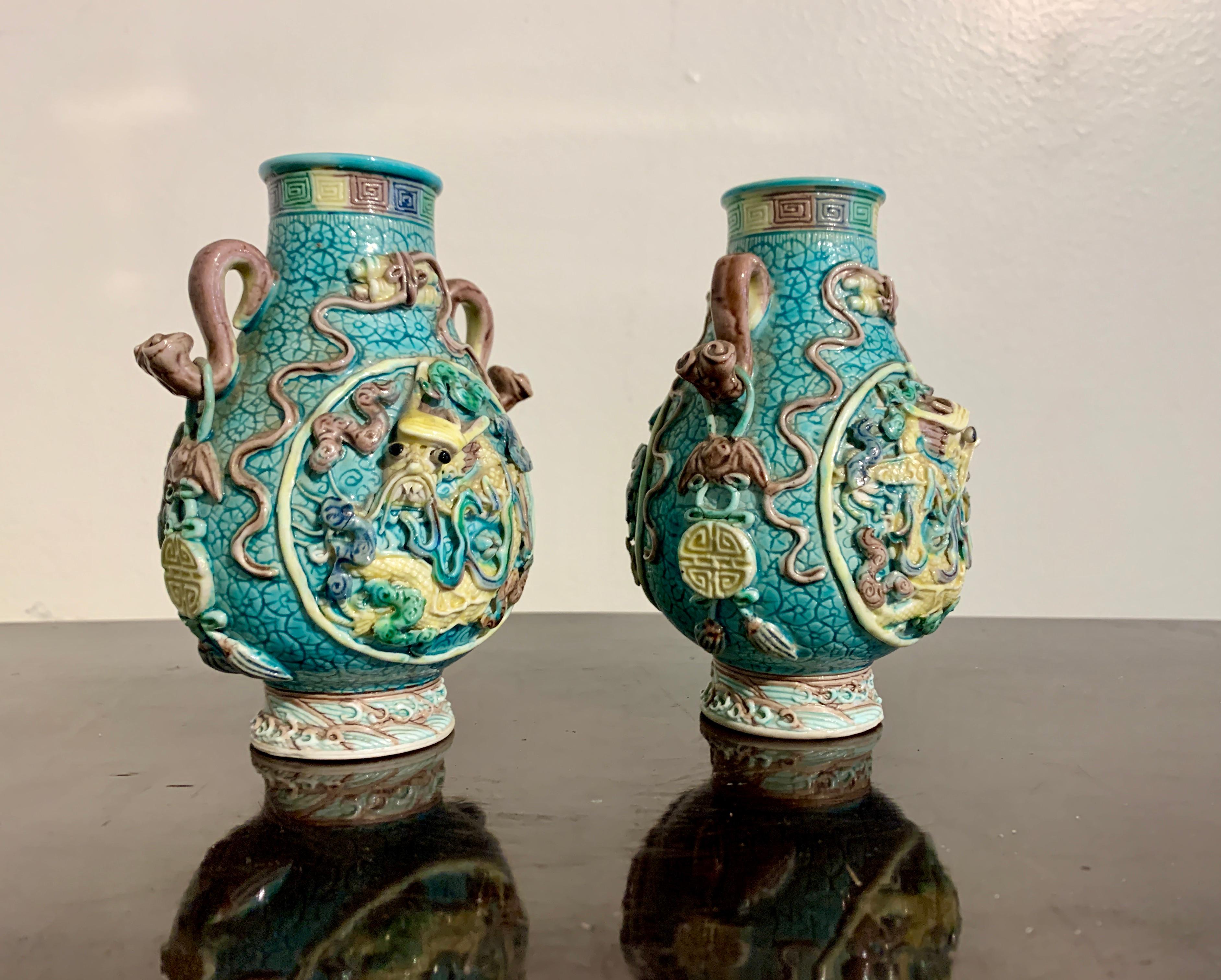 Early 20th Century Pair Small Chinese Dragon Vases, Molded and Glazed Porcelain, Republic Period For Sale