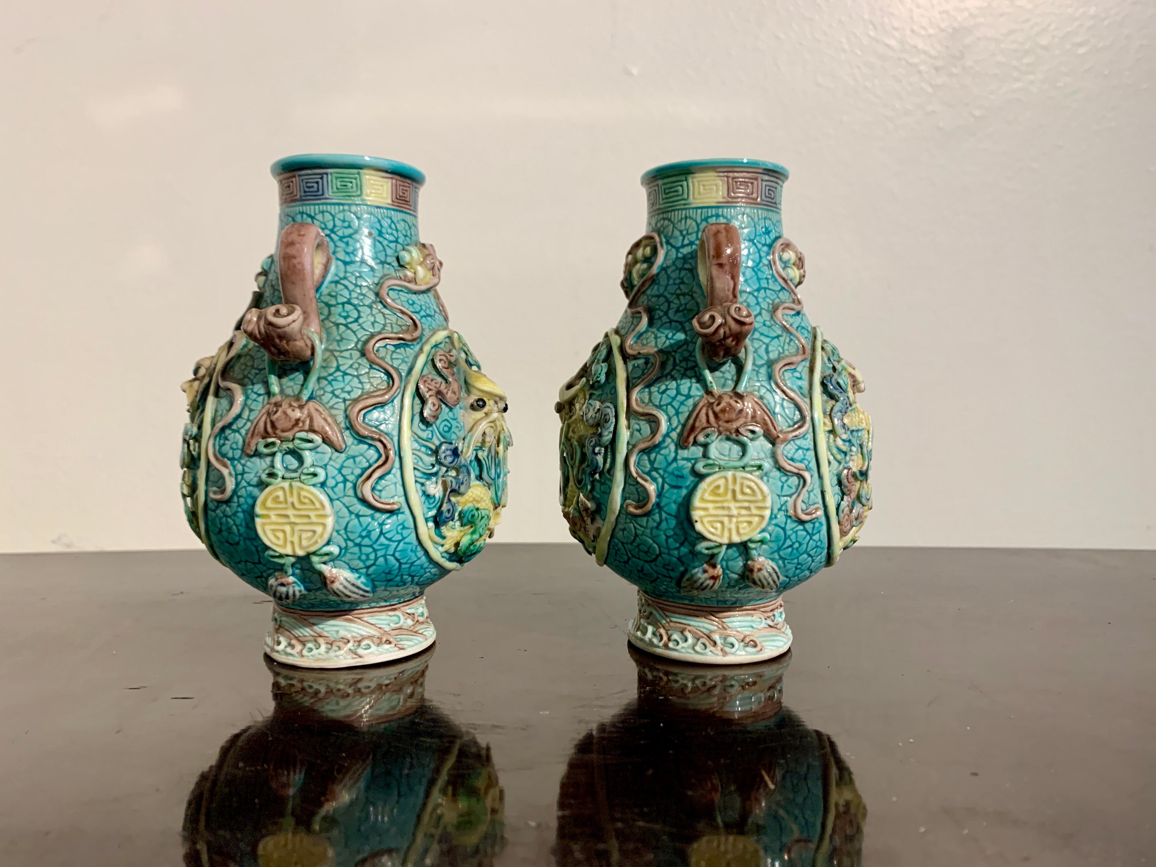 Early 20th Century Pair Small Chinese Dragon Vases, Molded and Glazed Porcelain, Republic Period For Sale