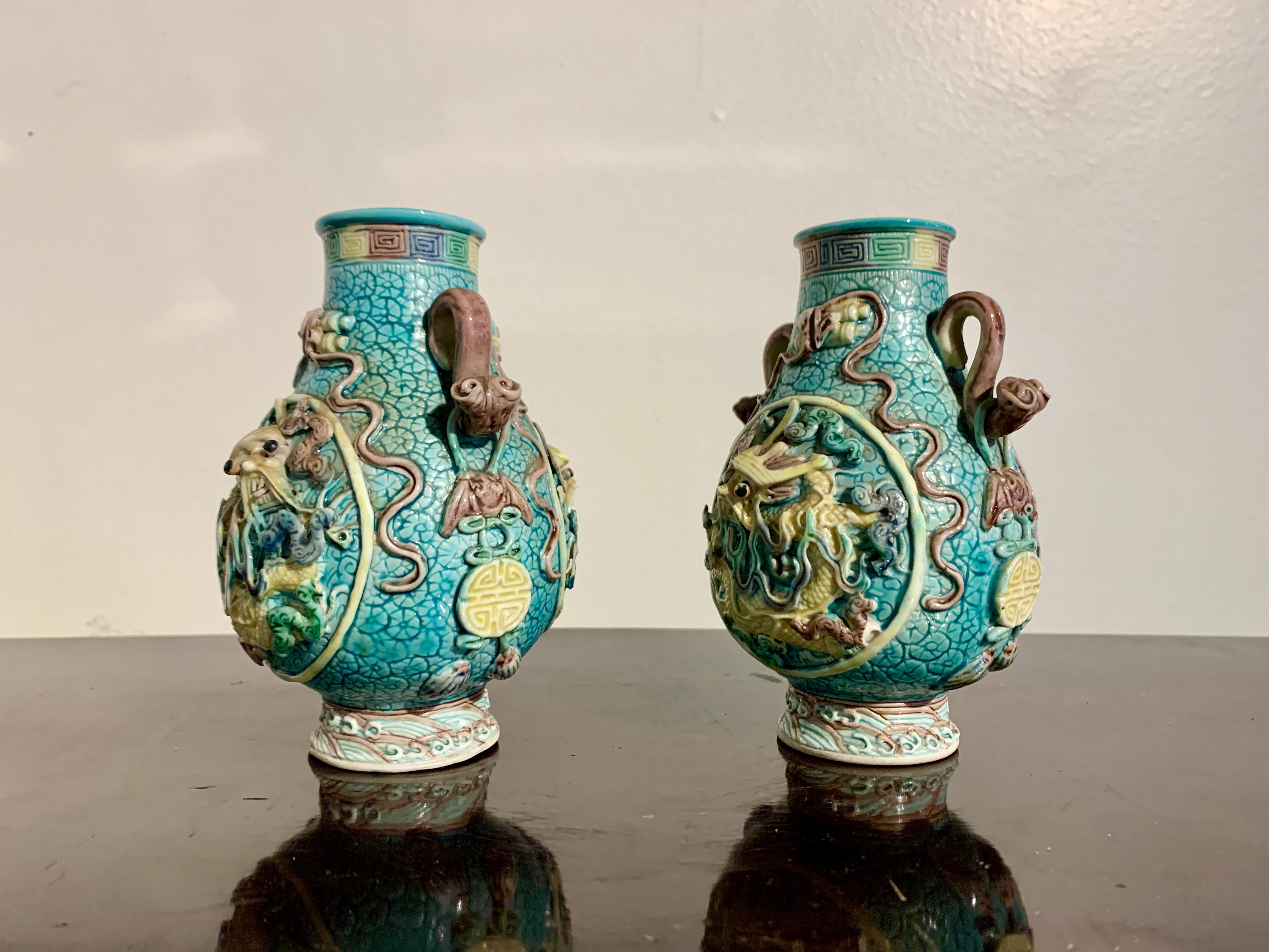 Pair Small Chinese Dragon Vases, Molded and Glazed Porcelain, Republic Period For Sale 1