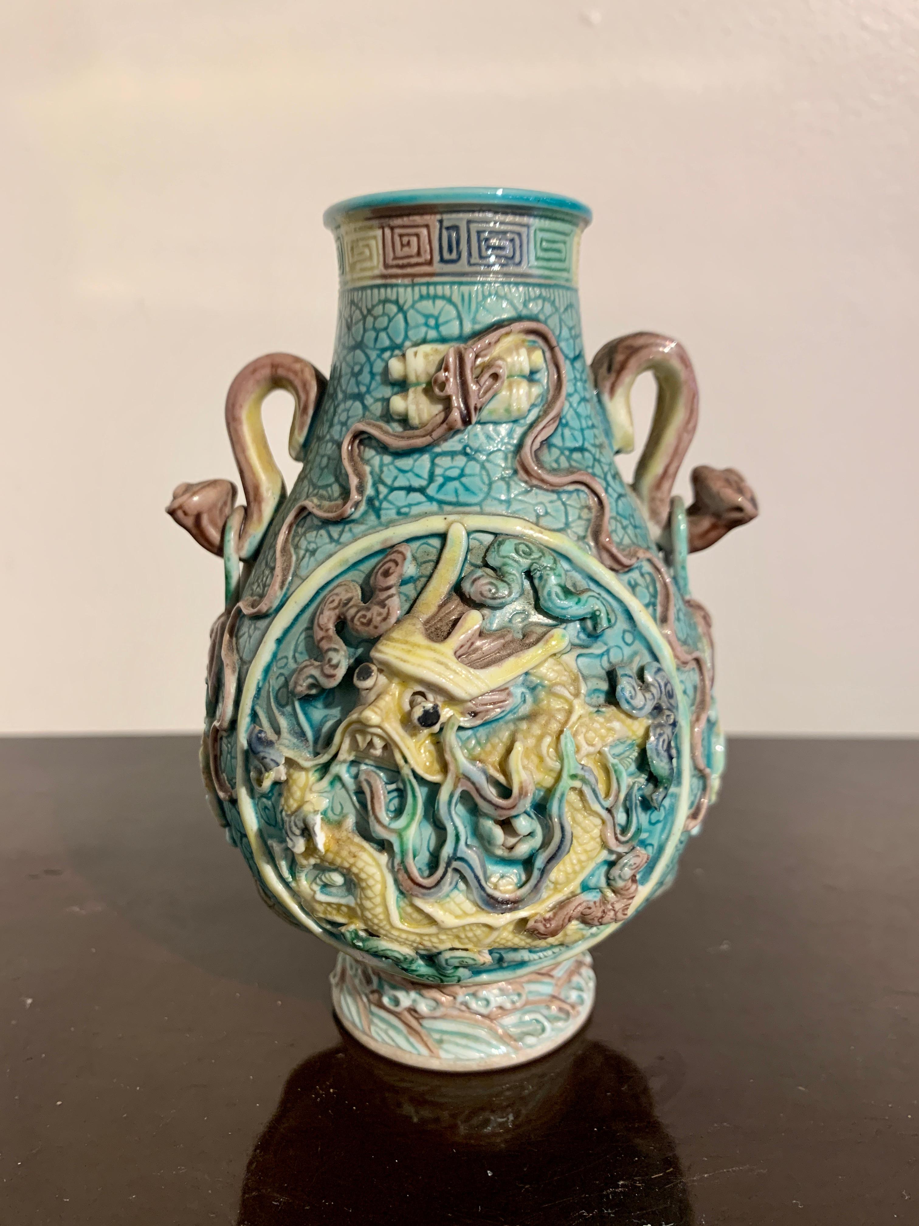 Pair Small Chinese Dragon Vases, Molded and Glazed Porcelain, Republic Period For Sale 2