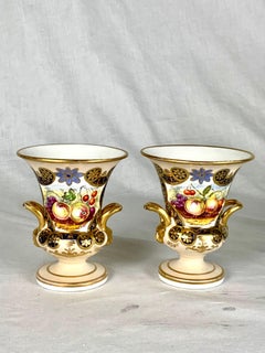 Pair Small Antique English Porcelain Vases Hand Painted Fruit & Gilt Decoration