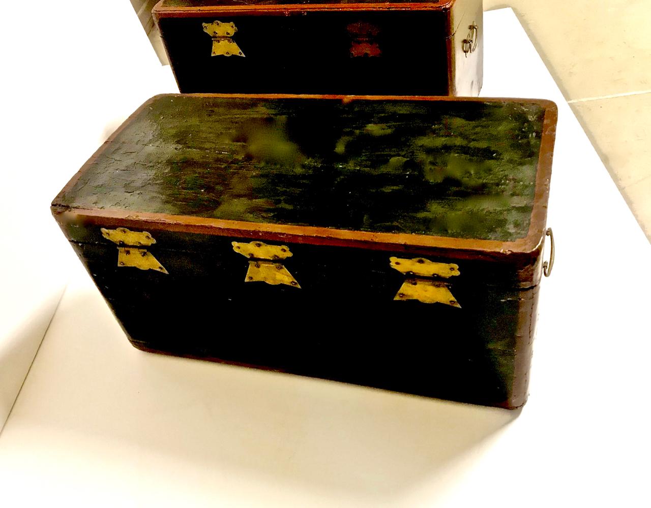 Brass Pair of Small Asian Lacquer Boxes or Trunks, Late 19th Century