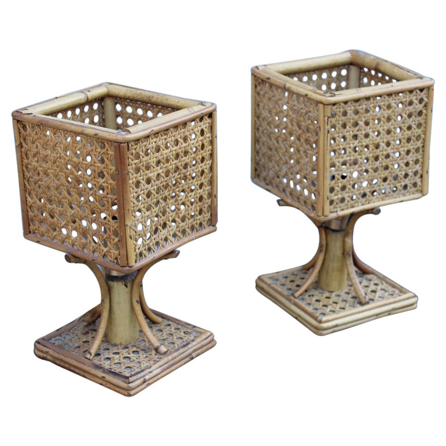 Paire de petites lampes de bureau mi-siècle moderne en bambou, design italien, 1950