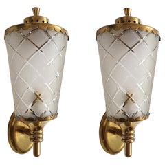 Pair Small Mid-Century Modern Beveled Glass 
Brass Sconces/Lanterns Italy 1960s