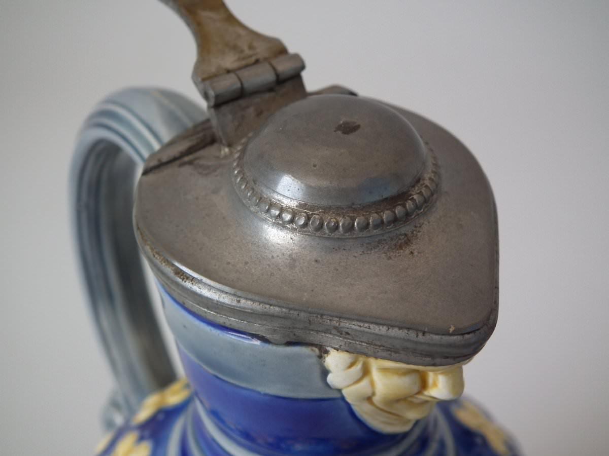 Pair Small Minton Majolica Pitchers With Mask Spouts 7