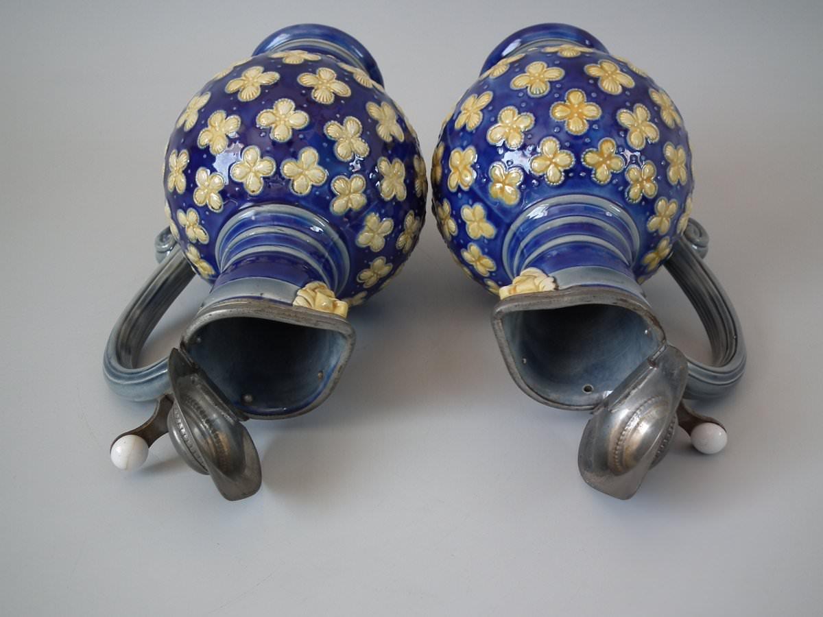 Glazed Pair Small Minton Majolica Pitchers With Mask Spouts