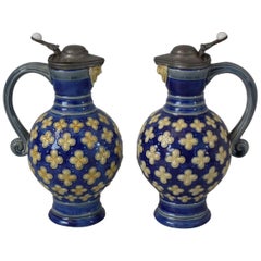 Pair Small Minton Majolica Pitchers With Mask Spouts