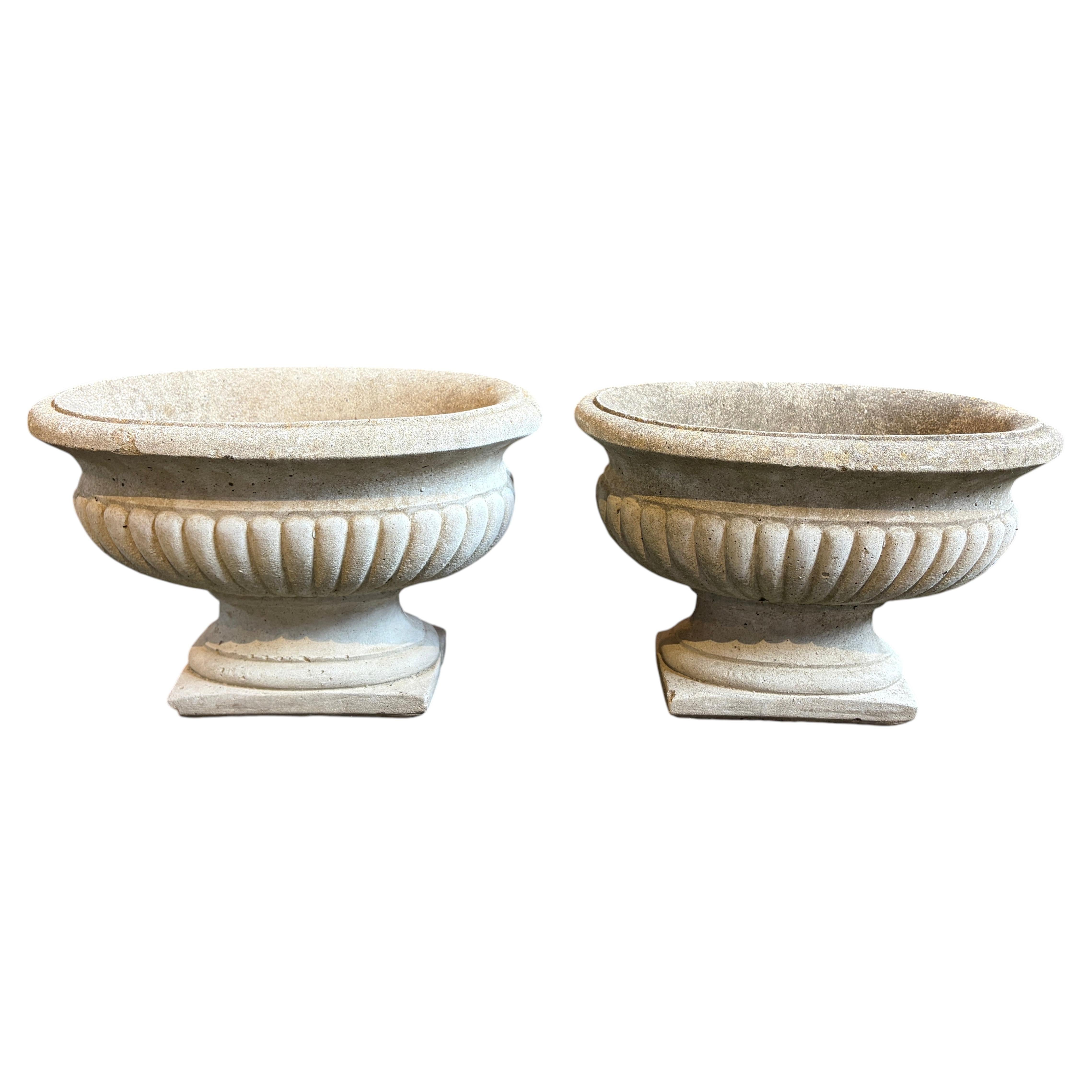 Pair Small Oval Classical Style Cast Stone Planters, 1980s