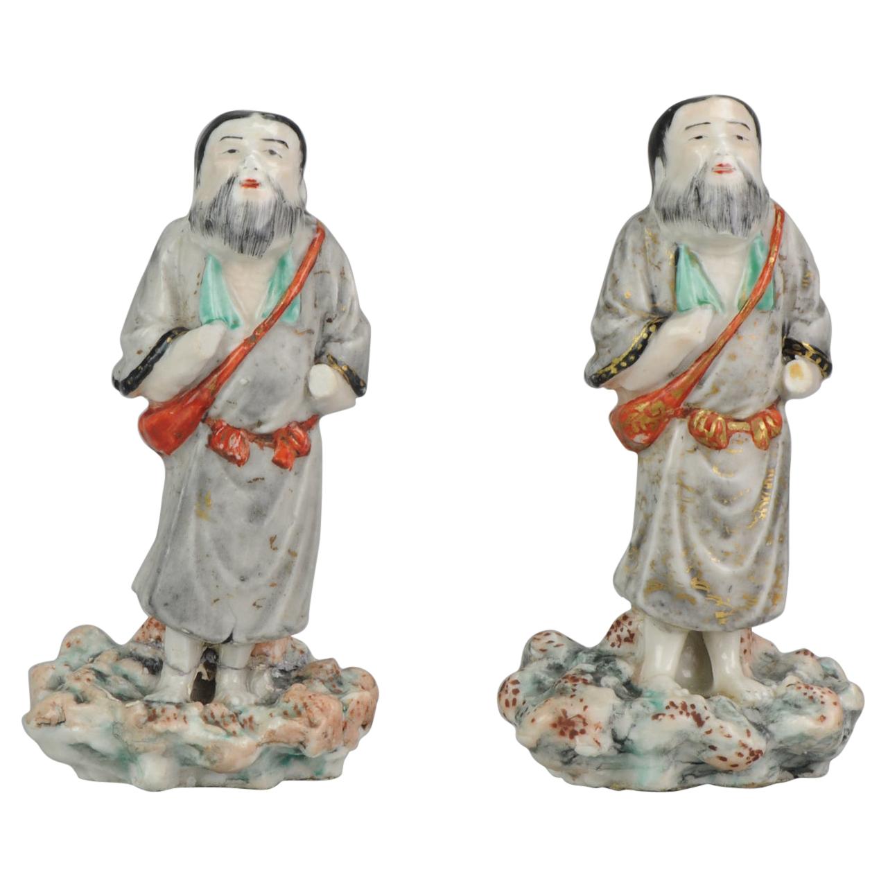 Pair Small Statues Antique ca 1900 Japanese Kutani Figures Japan Wise Man For Sale