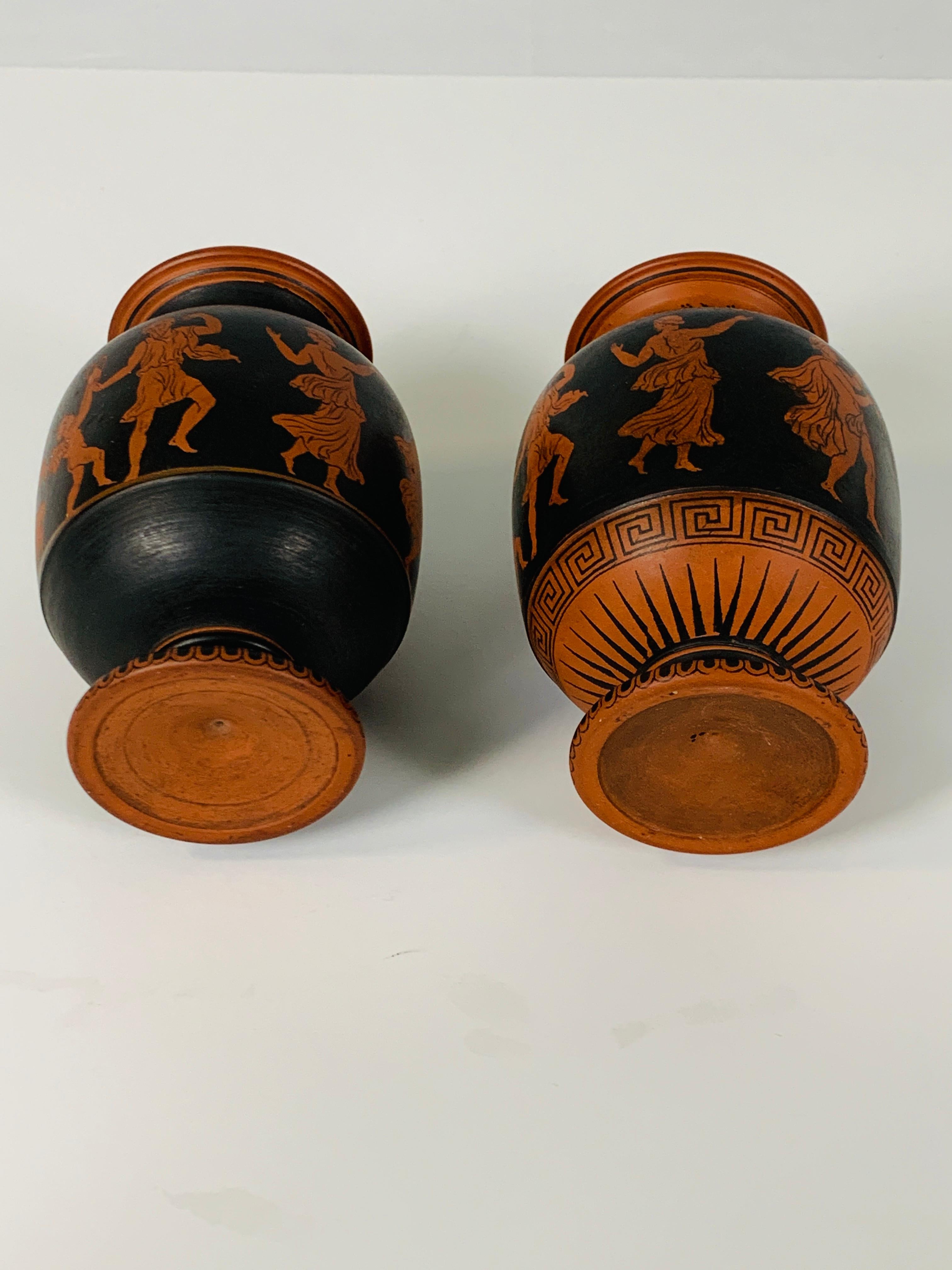 Pair of Small Terracotta Vases showing Classical Figures Made in England 3
