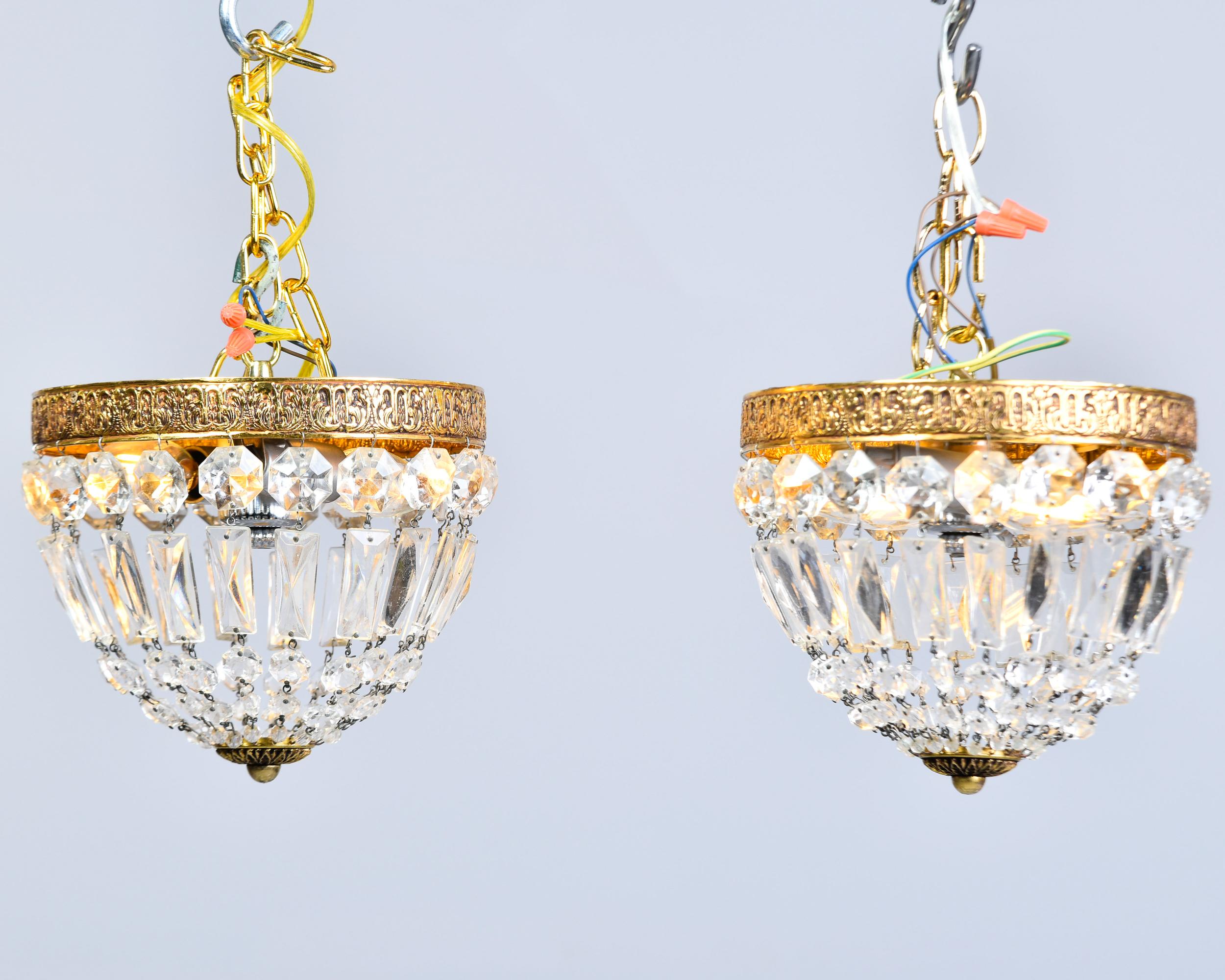 Pair Small Vintage Italian Crystal and Brass Basket Form Ceiling Lights 6