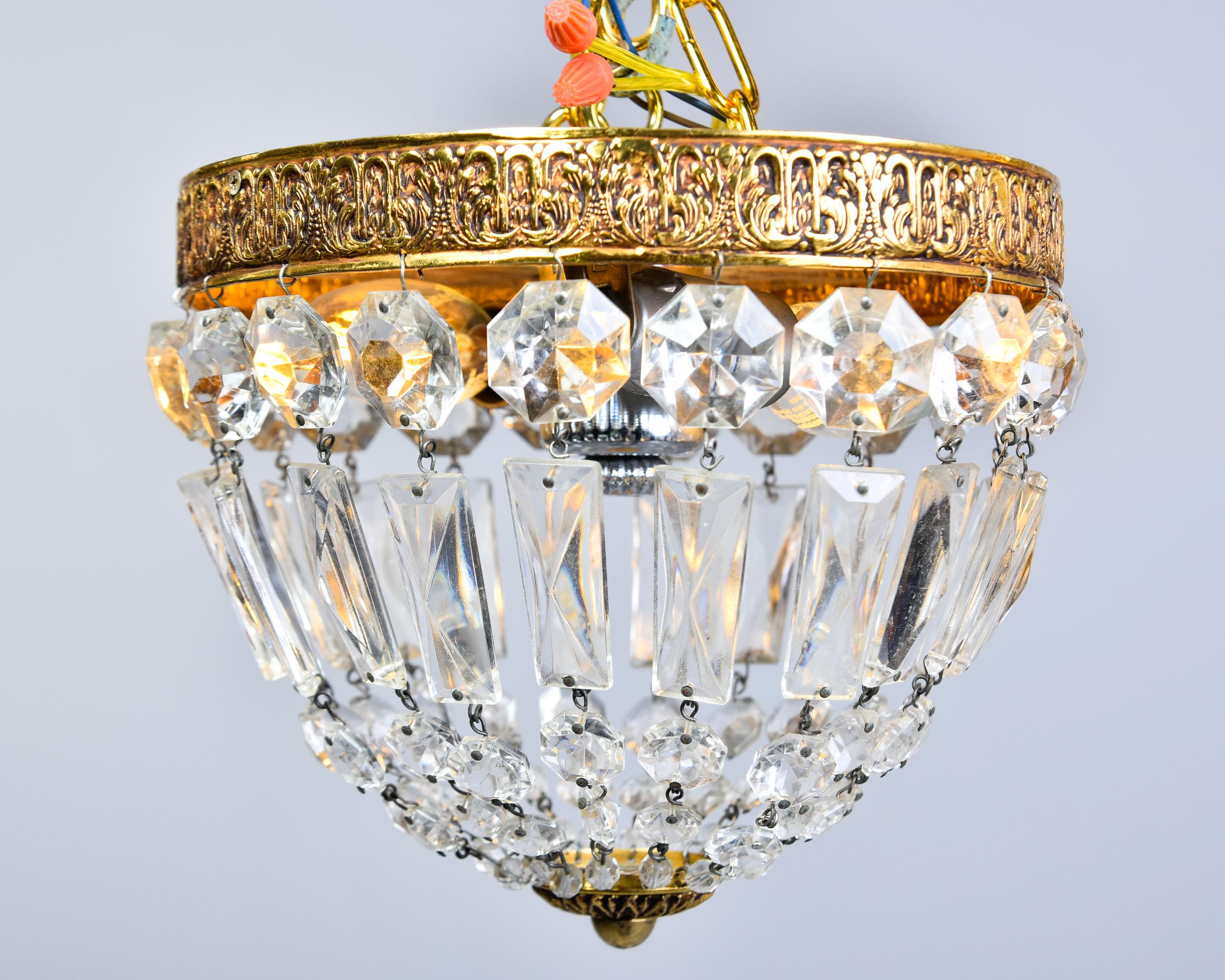 Pair Small Vintage Italian Crystal and Brass Basket Form Ceiling Lights 7