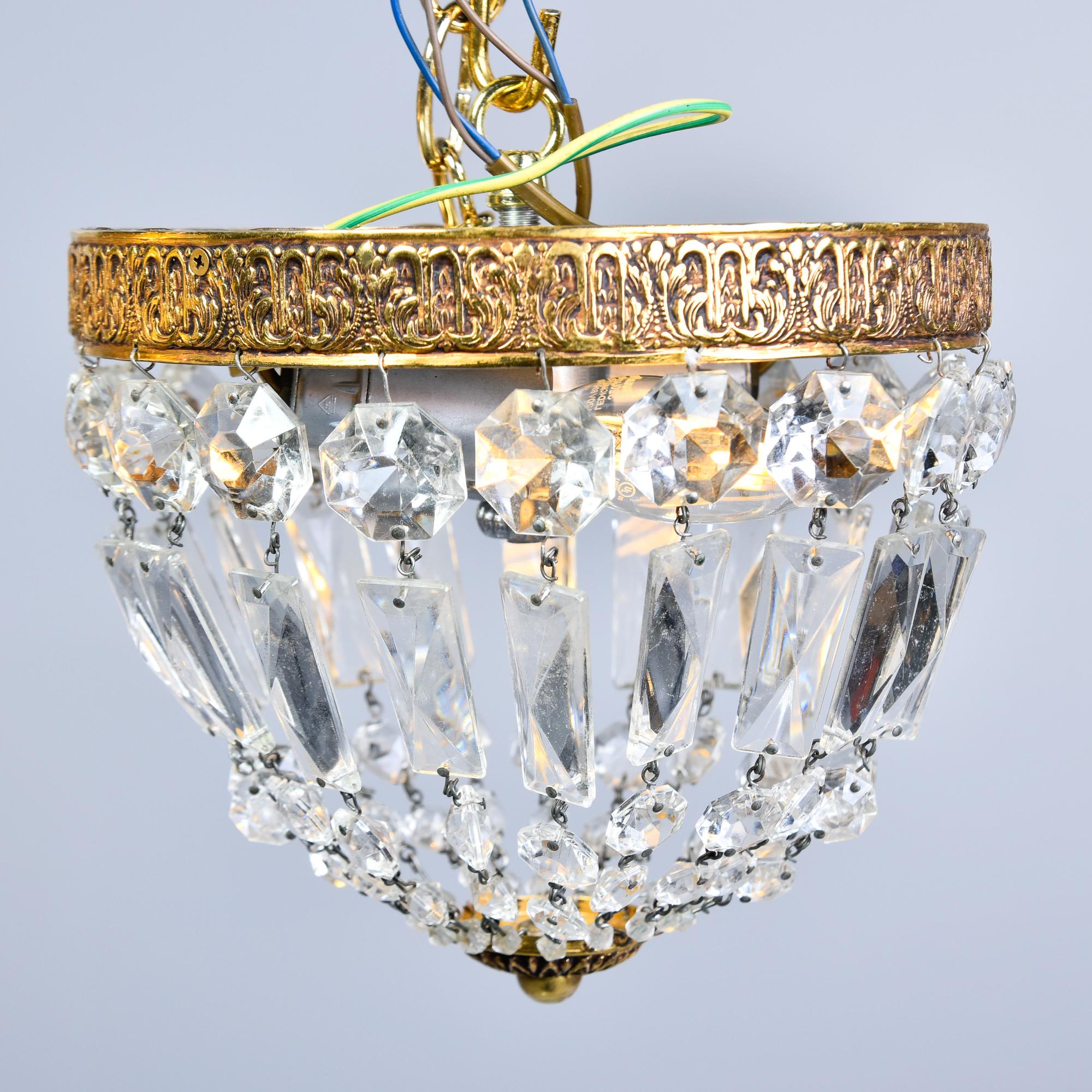 Pair Small Vintage Italian Crystal and Brass Basket Form Ceiling Lights 8