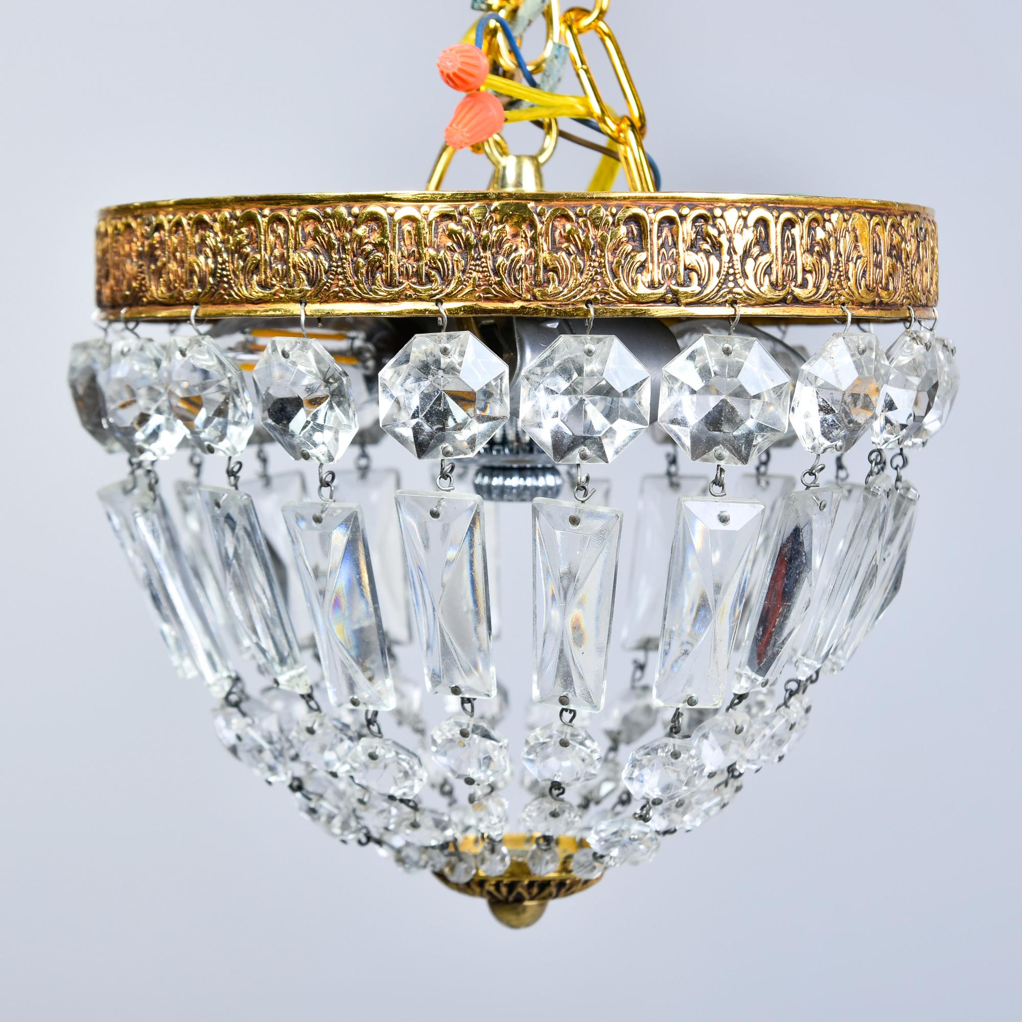 Pair Small Vintage Italian Crystal and Brass Basket Form Ceiling Lights In Good Condition In Troy, MI