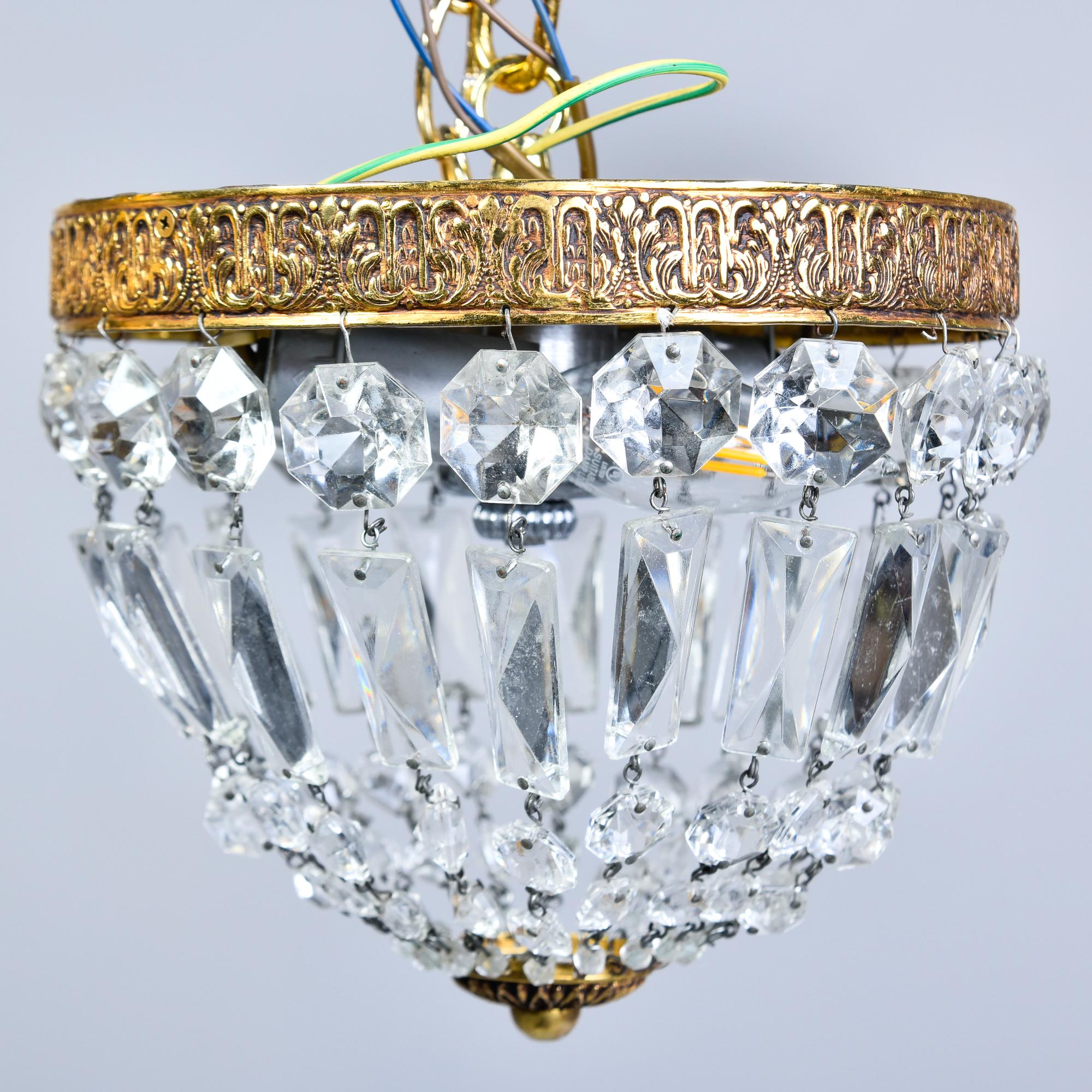 20th Century Pair Small Vintage Italian Crystal and Brass Basket Form Ceiling Lights