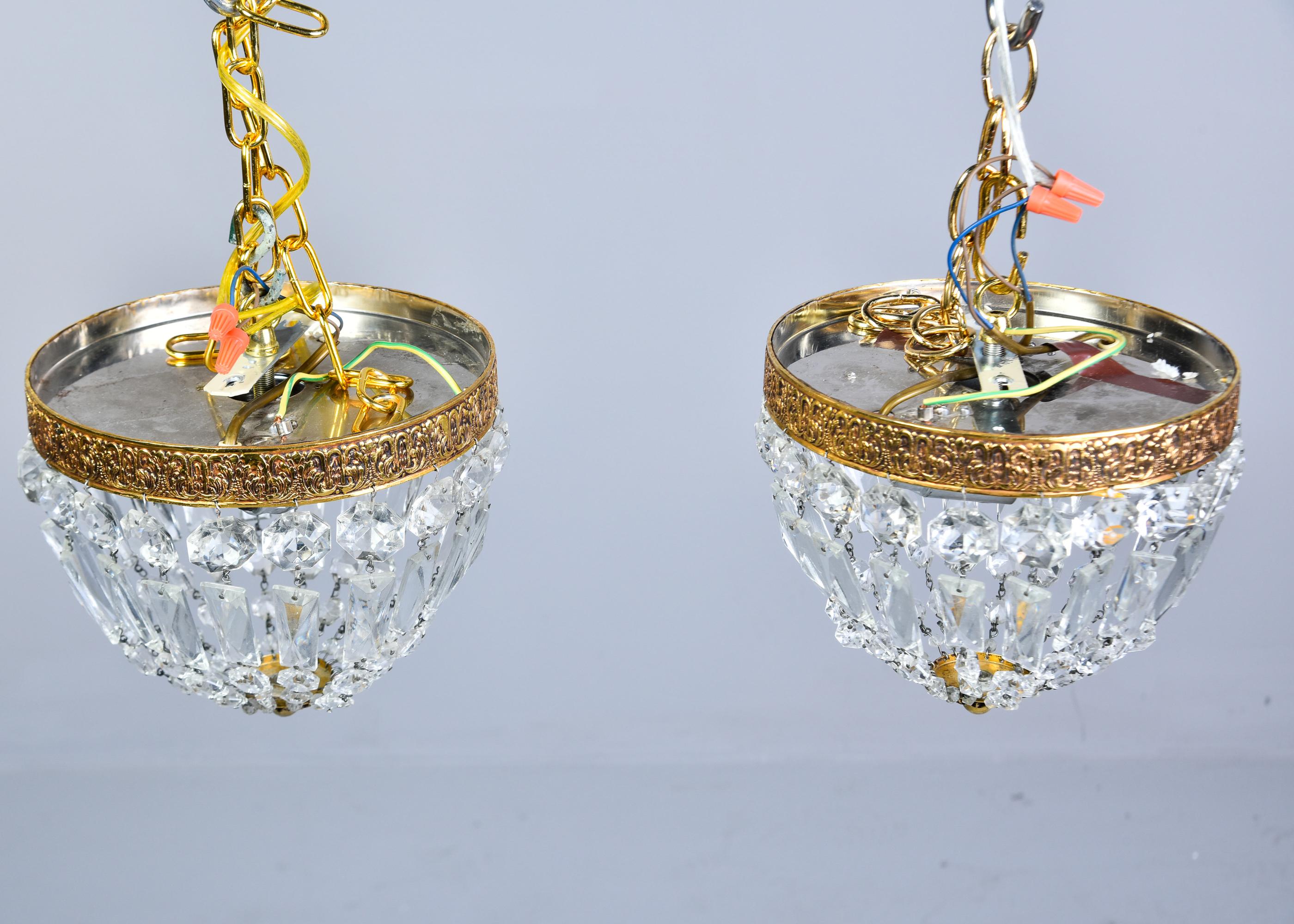 Pair Small Vintage Italian Crystal and Brass Basket Form Ceiling Lights 1