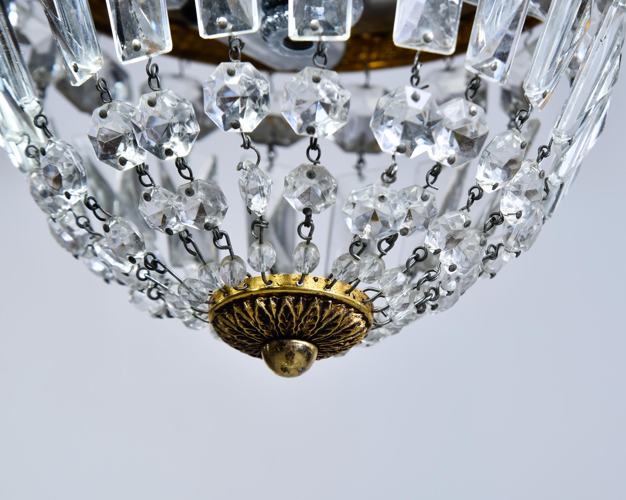 Pair Small Vintage Italian Crystal and Brass Basket Form Ceiling Lights 2