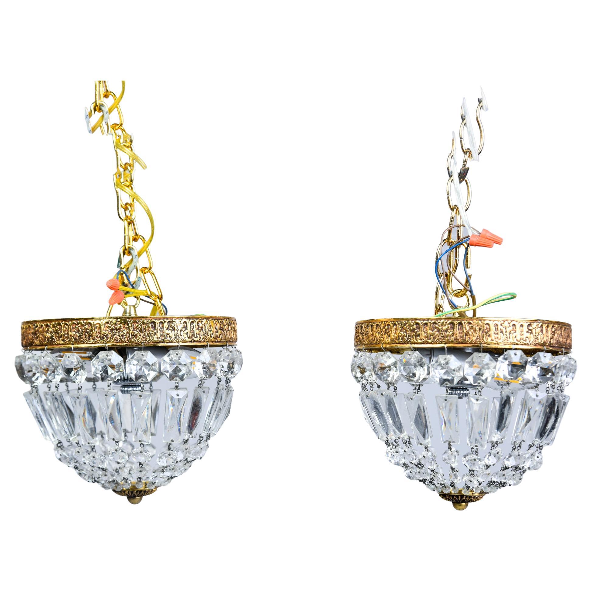 Pair Small Vintage Italian Crystal and Brass Basket Form Ceiling Lights