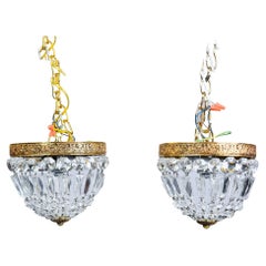 Pair Small Vintage Italian Crystal and Brass Basket Form Ceiling Lights