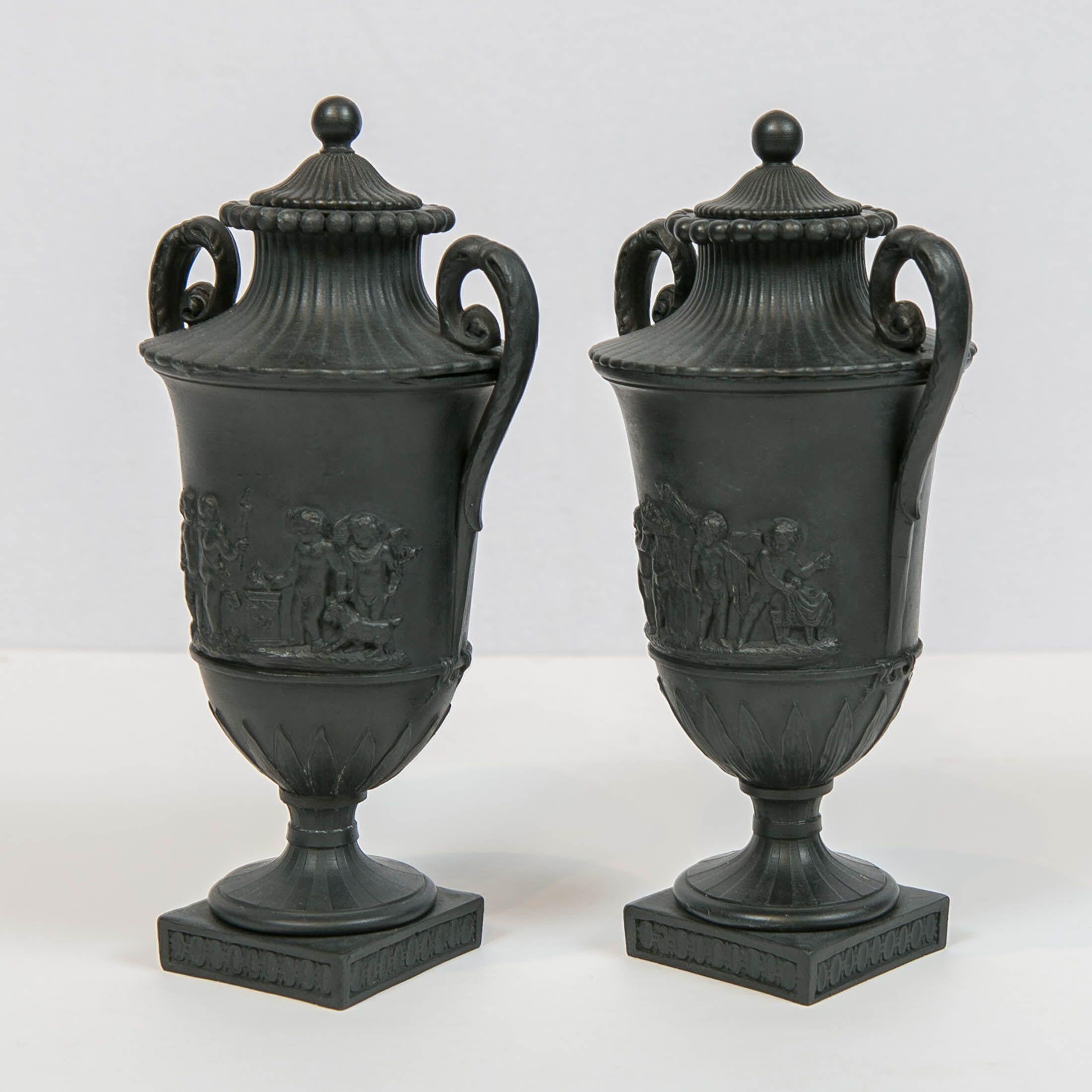19th Century Pair of Small Wedgwood Black Basalt Vases Made circa 1800