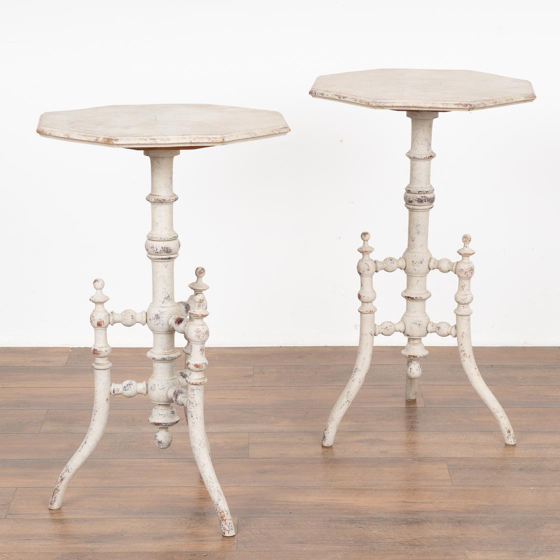 Antique Swedish gustavian tri-foot turned pedestal side table with octagon shaped top.
Later applied professional white painted layered finish, lightly distressed to fit the age and grace of these delightful Swedish accent tables.
Restored, strong