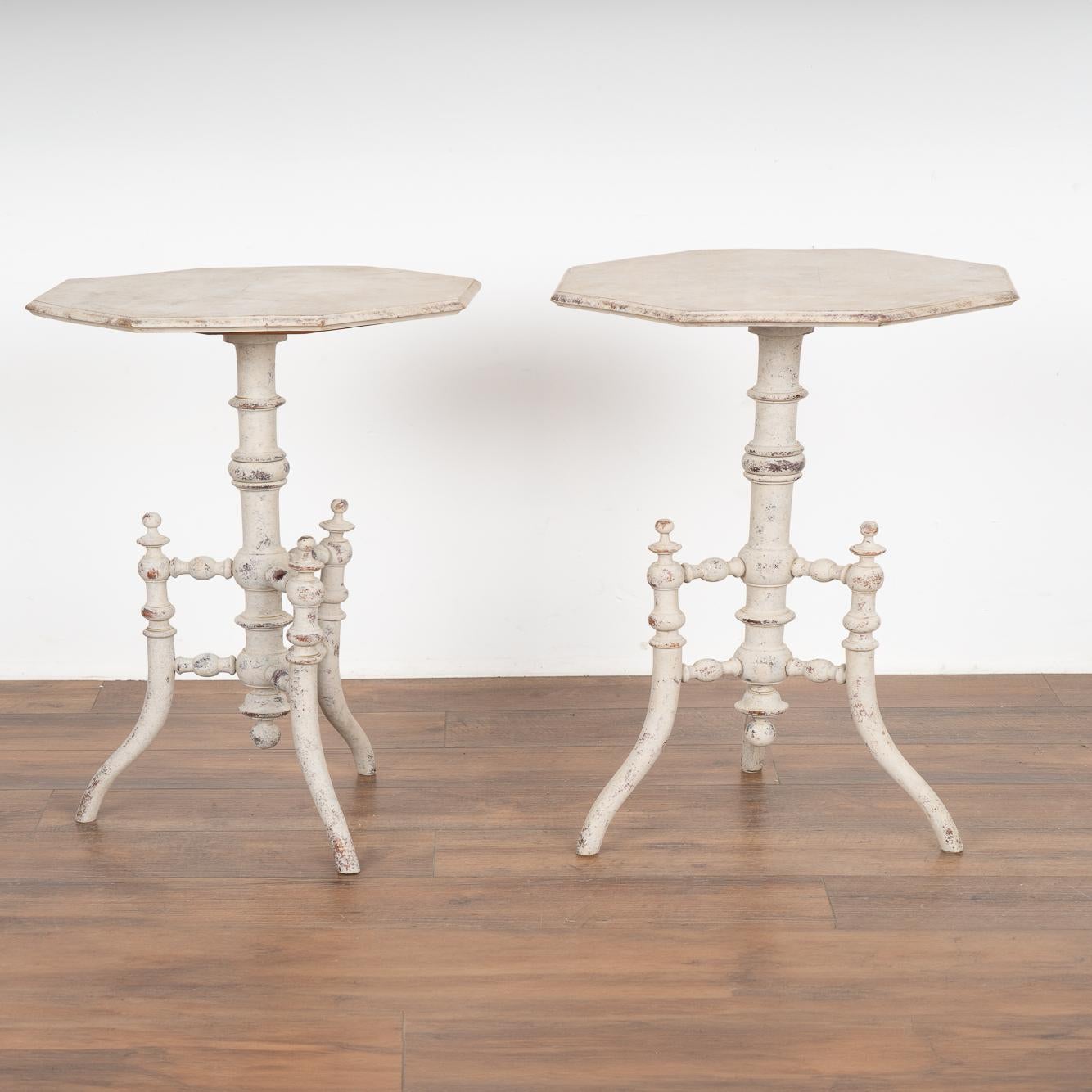 Gustavian Pair, Small White Octagon Shaped Pedestal Side Tables, Sweden circa 1890
