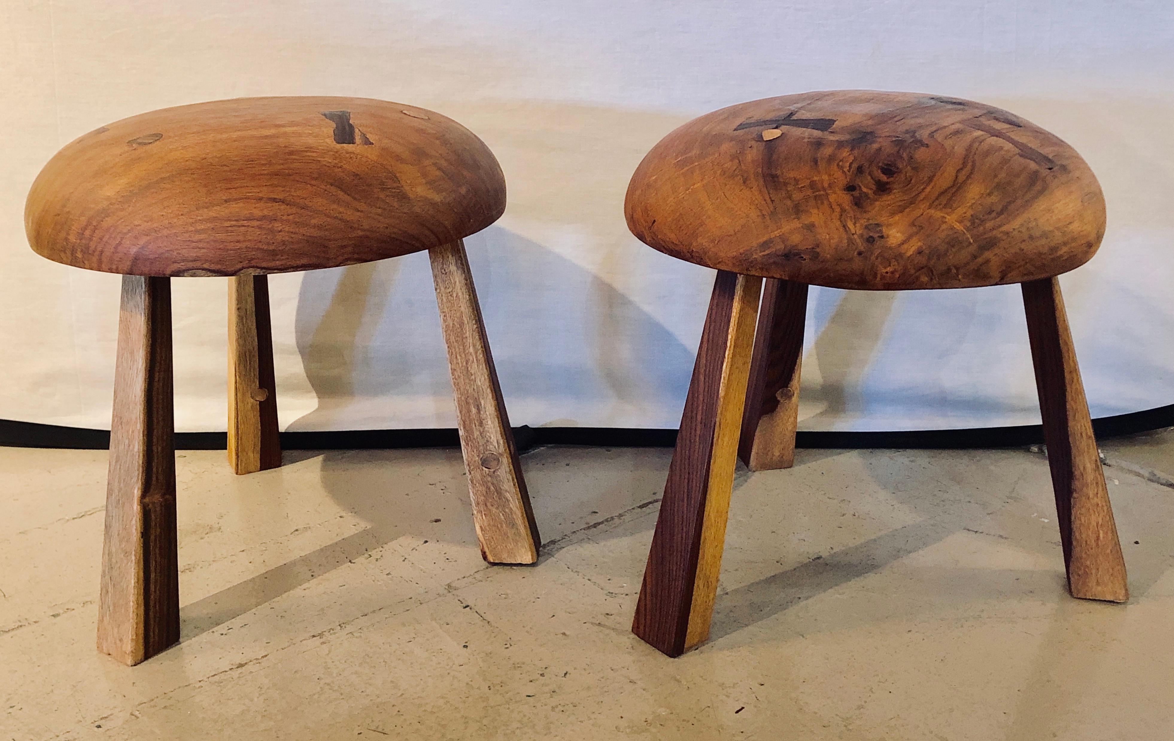 Pair of small wood mushroom stools in the manner of Nakashima. These finely hand constructed stools are strong and sturdy made from all solid wood construction.
