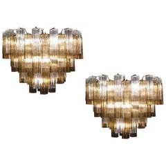 Pair Smoke and Clear Murano Glass Tronchi Chandelier or Ceiling Light
