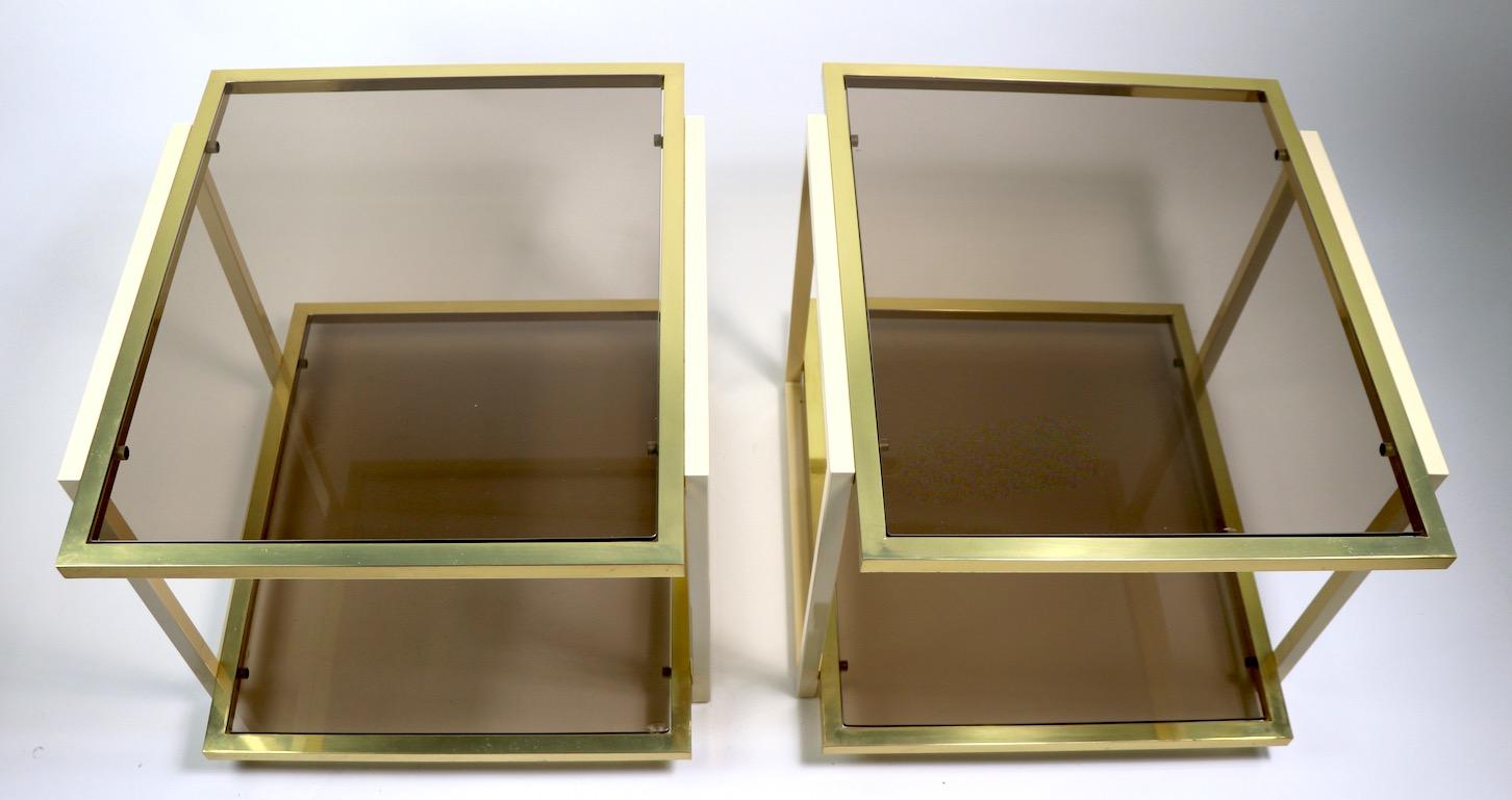 Pair Smoked Glass and Brass Tables by Tommaso Barbi For Sale 3