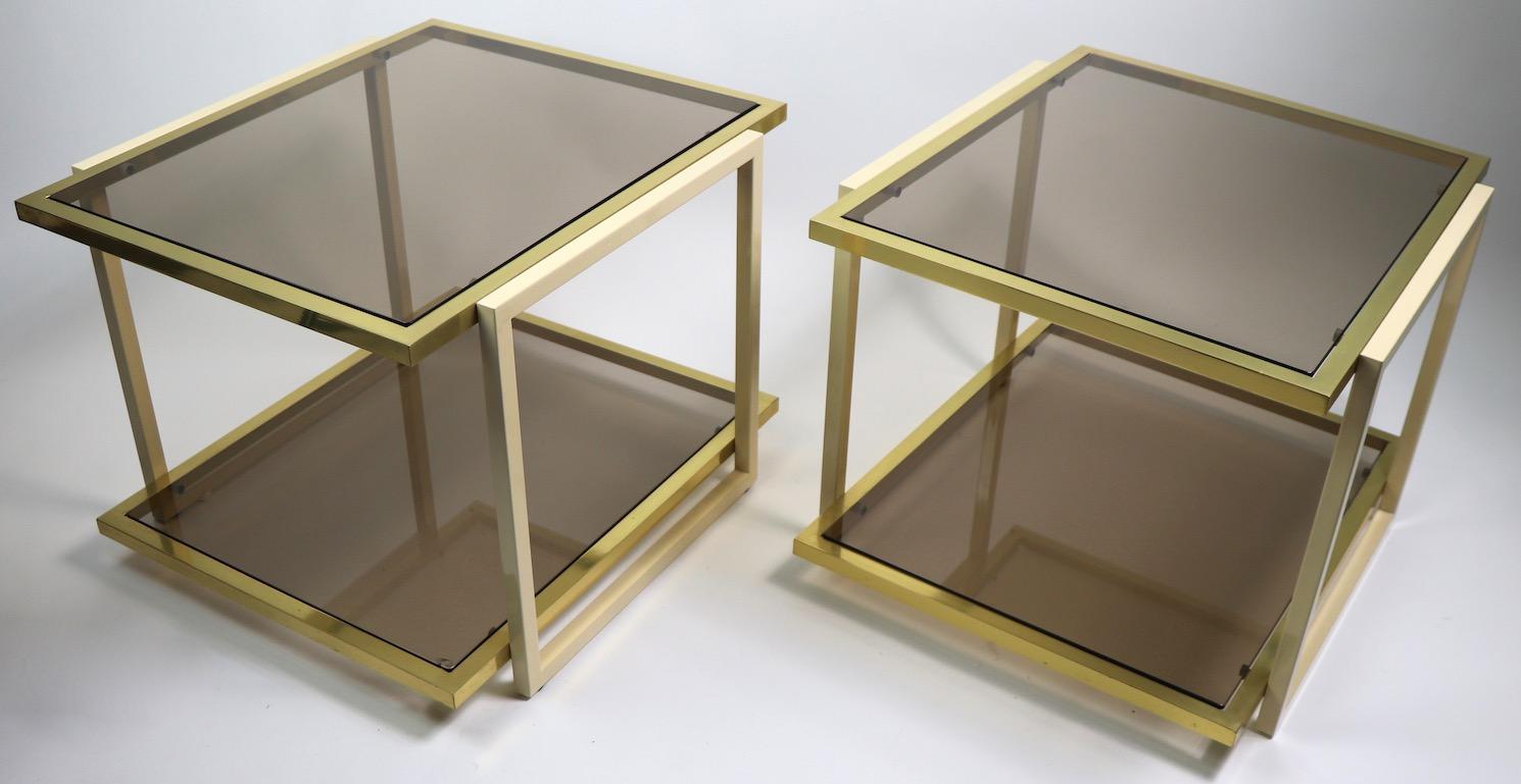 Pair Smoked Glass and Brass Tables by Tommaso Barbi For Sale 4