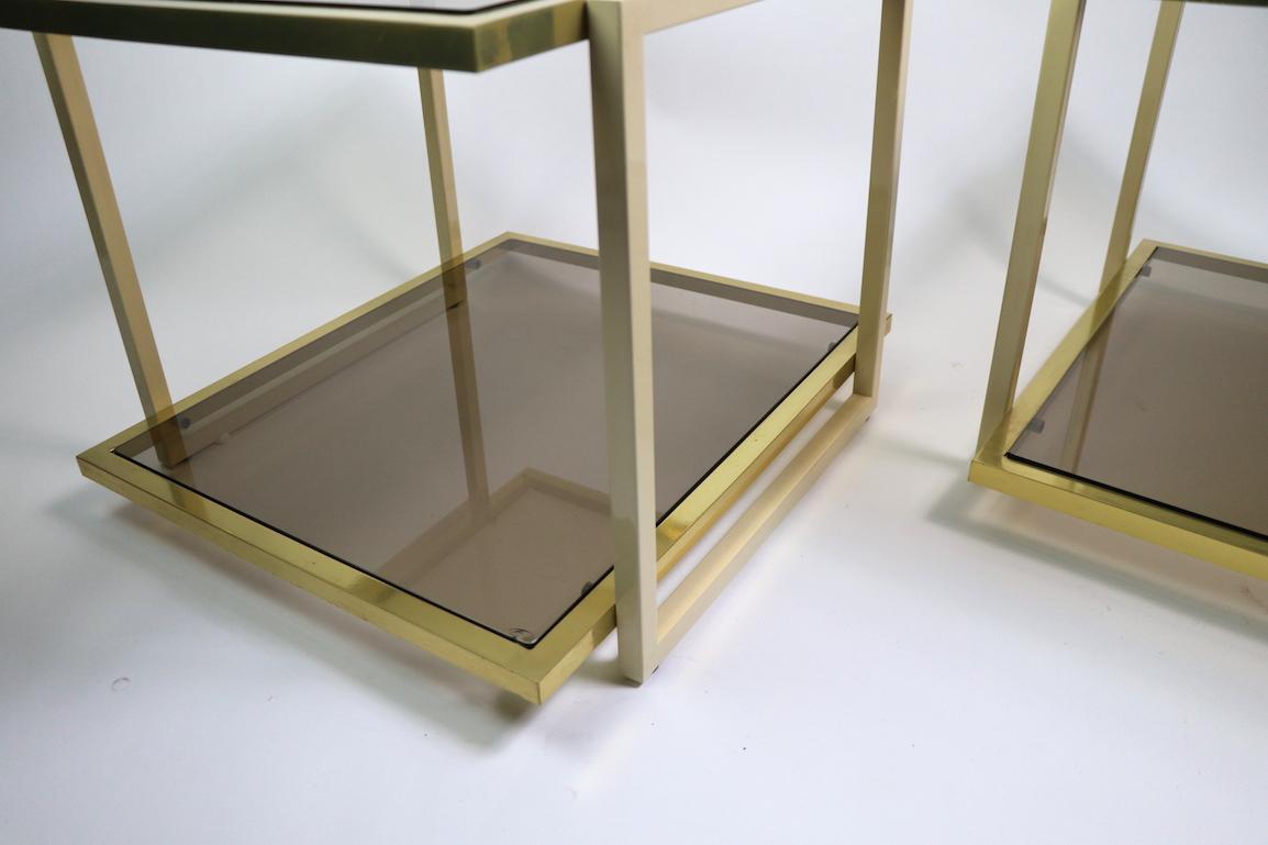 Pair Smoked Glass and Brass Tables by Tommaso Barbi For Sale 5
