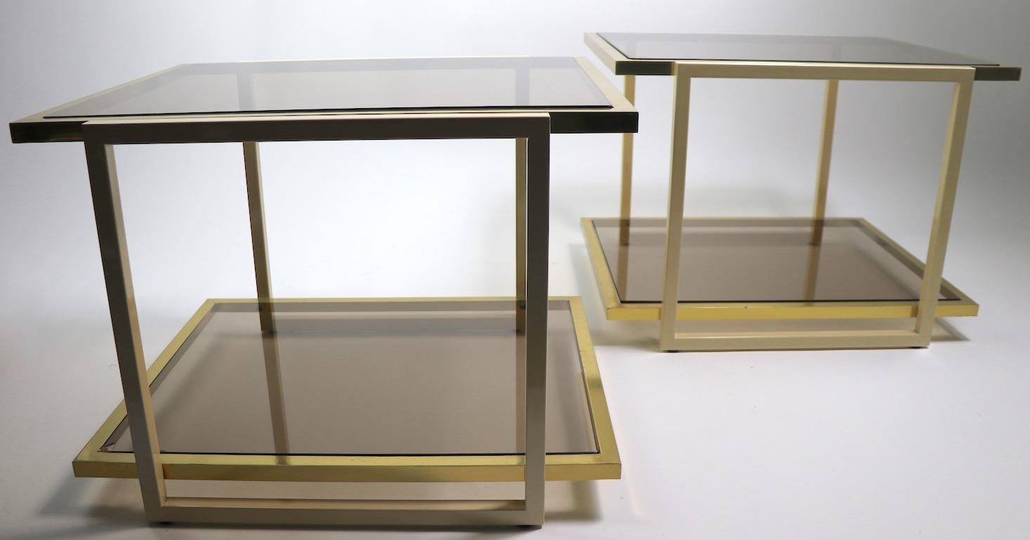 Pair Smoked Glass and Brass Tables by Tommaso Barbi For Sale 8